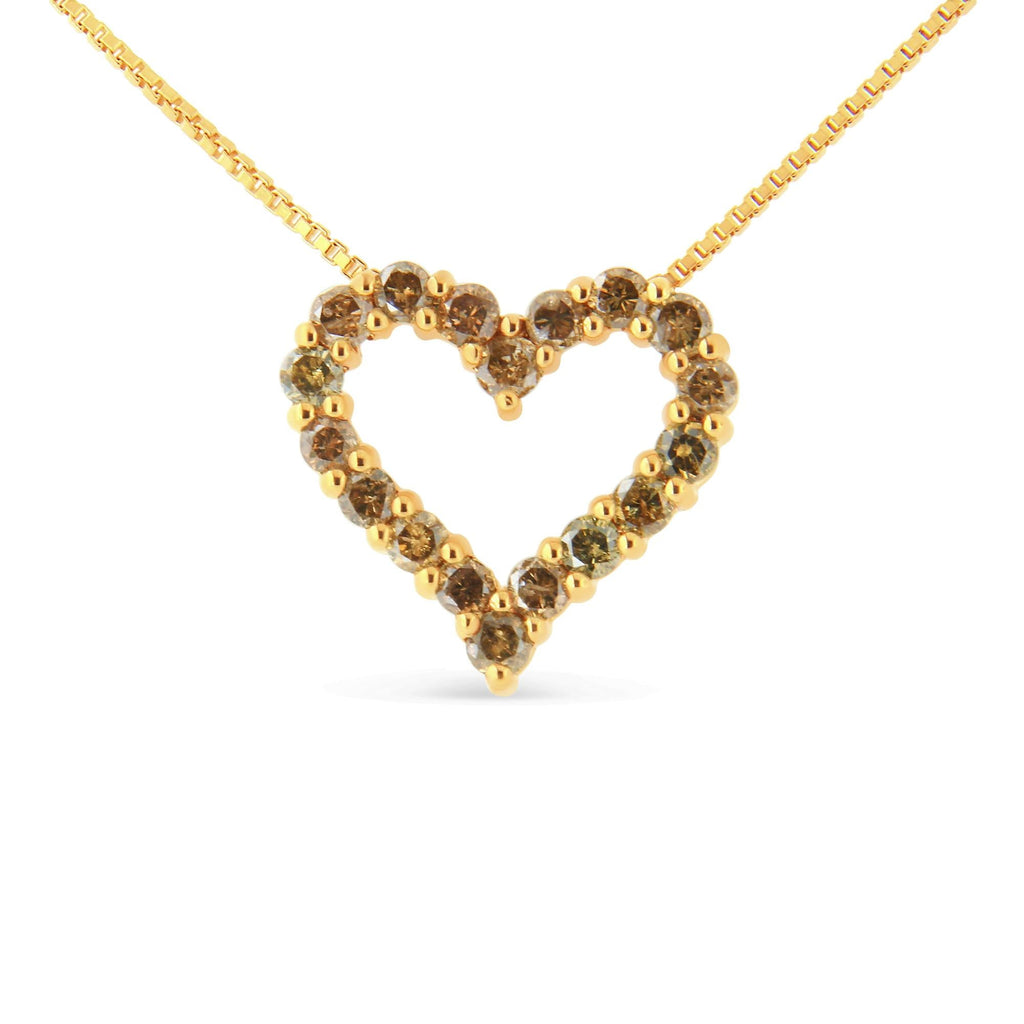 14K Yellow Gold Plated .925 Sterling Silver 1.0 Cttw Champagne Diamond Heart Pendant Necklace (K-L Color, I1-I2 Clarity) - 18" - Friggin Jewelry