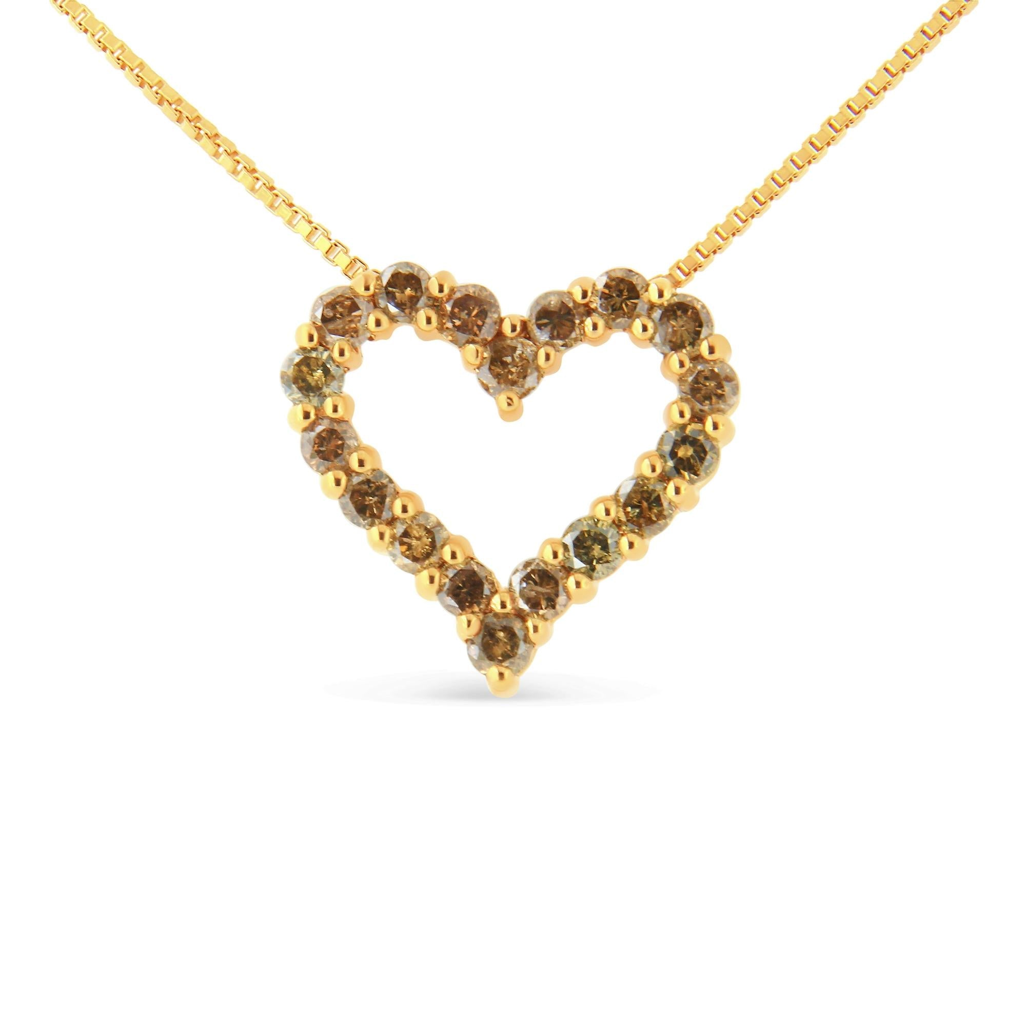 14K Yellow Gold Plated .925 Sterling Silver 1.0 Cttw Champagne Diamond Heart Pendant Necklace (K-L Color, I1-I2 Clarity) - 18" - Friggin Jewelry