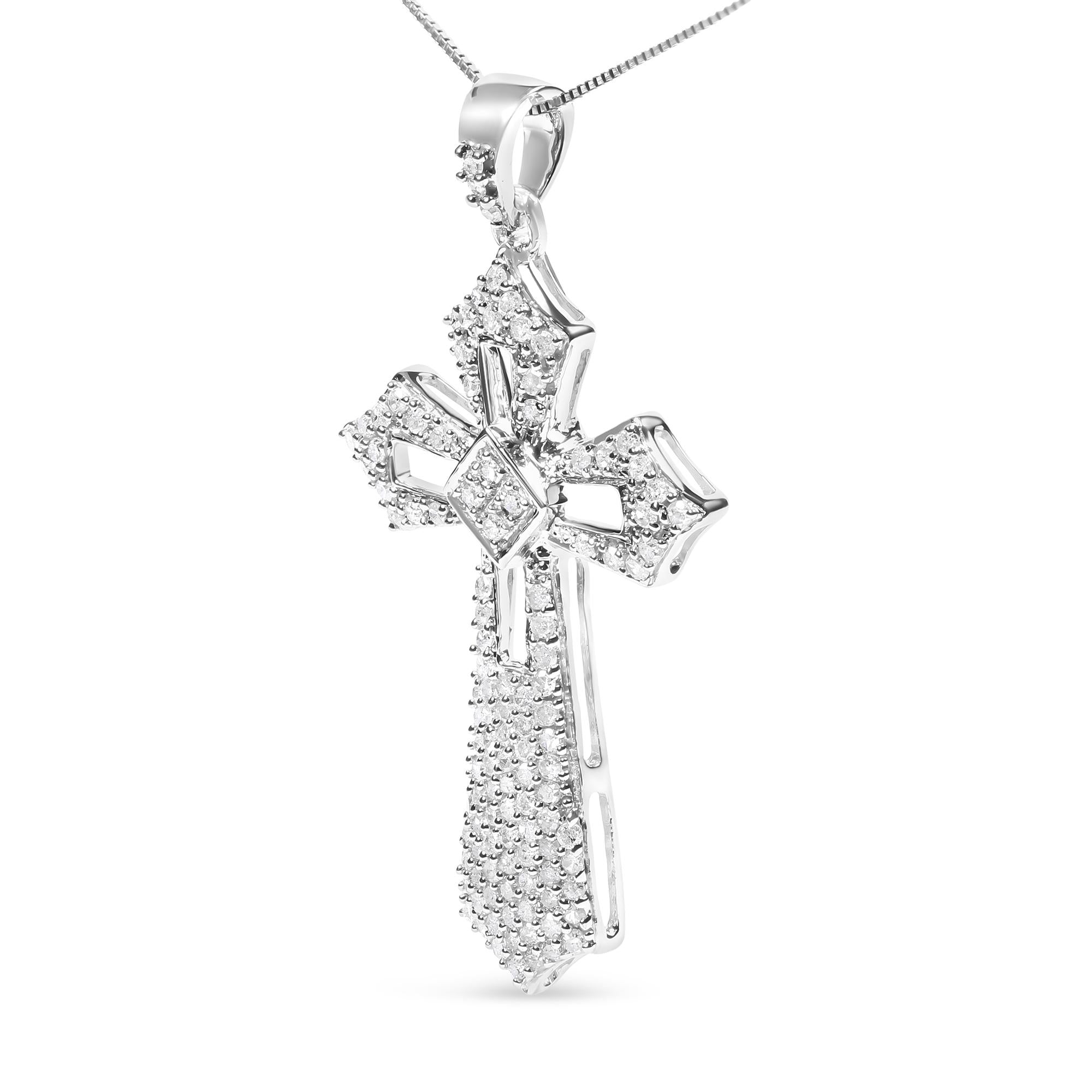 .925 Sterling Silver 1.00 Cttw Diamond Fleur De Lis Cross 18" Pendant Necklace (H-I Color, I2-I3 Clarity) - Friggin Jewelry