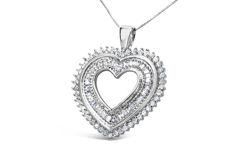 Collana con ciondolo a forma di cuore in argento sterling 925 da 1,0 ct con diamanti taglio baguette e taglio rotondo, lunghezza 18 pollici (colore HI, purezza I3) - Friggin Jewelry