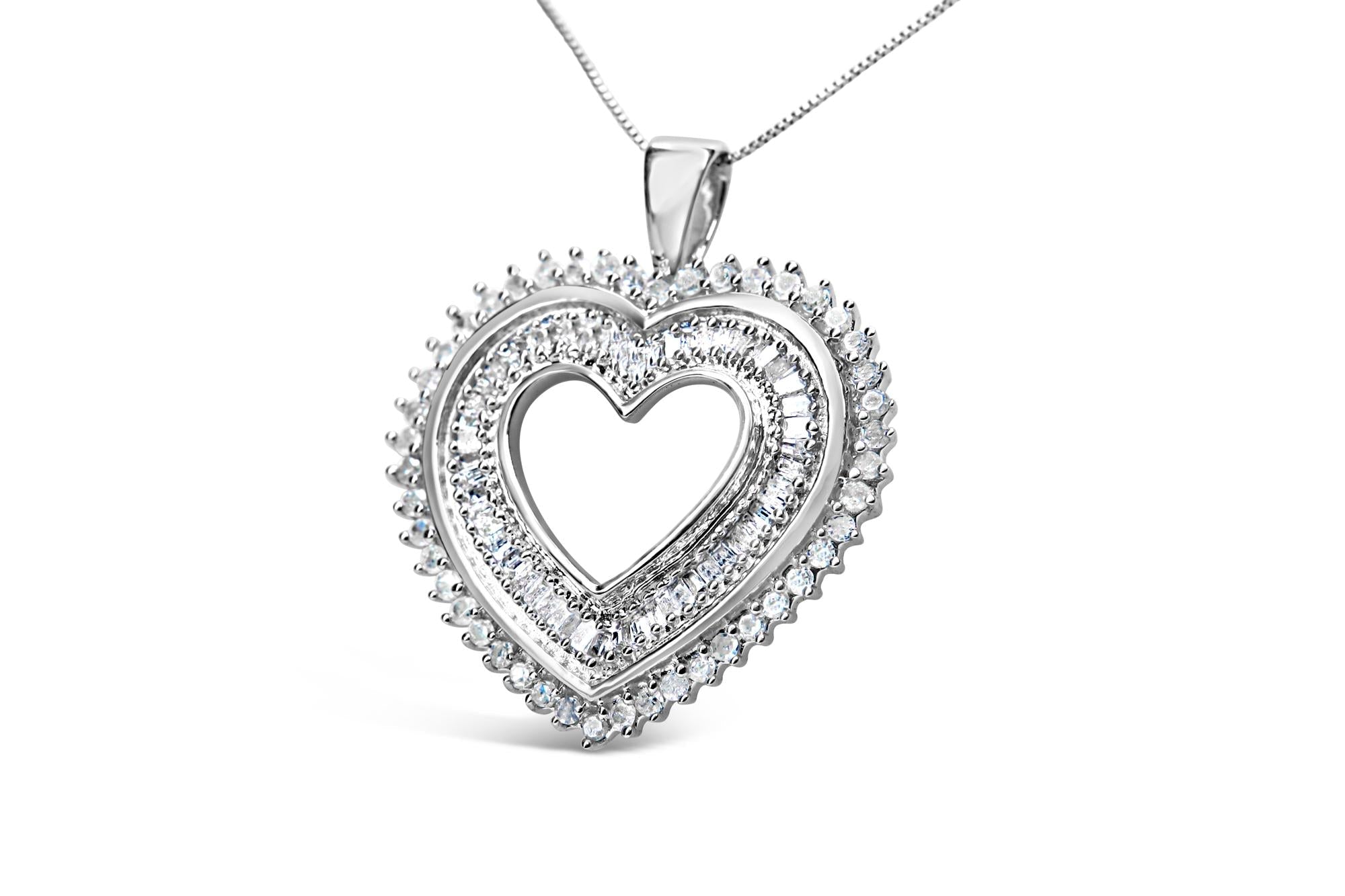 .925 Sterling Silver 1.0 Cttw Baguette and Round Diamond  Heart Pendant 18" Necklace (H-I Color, I3 Clarity) - Friggin Jewelry