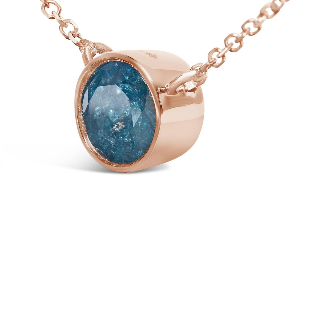 Collana con ciondolo solitario in oro rosa 14 carati con diamanti blu incastonati a castone da 2,0 ct - 18" pollici - Friggin Jewelry