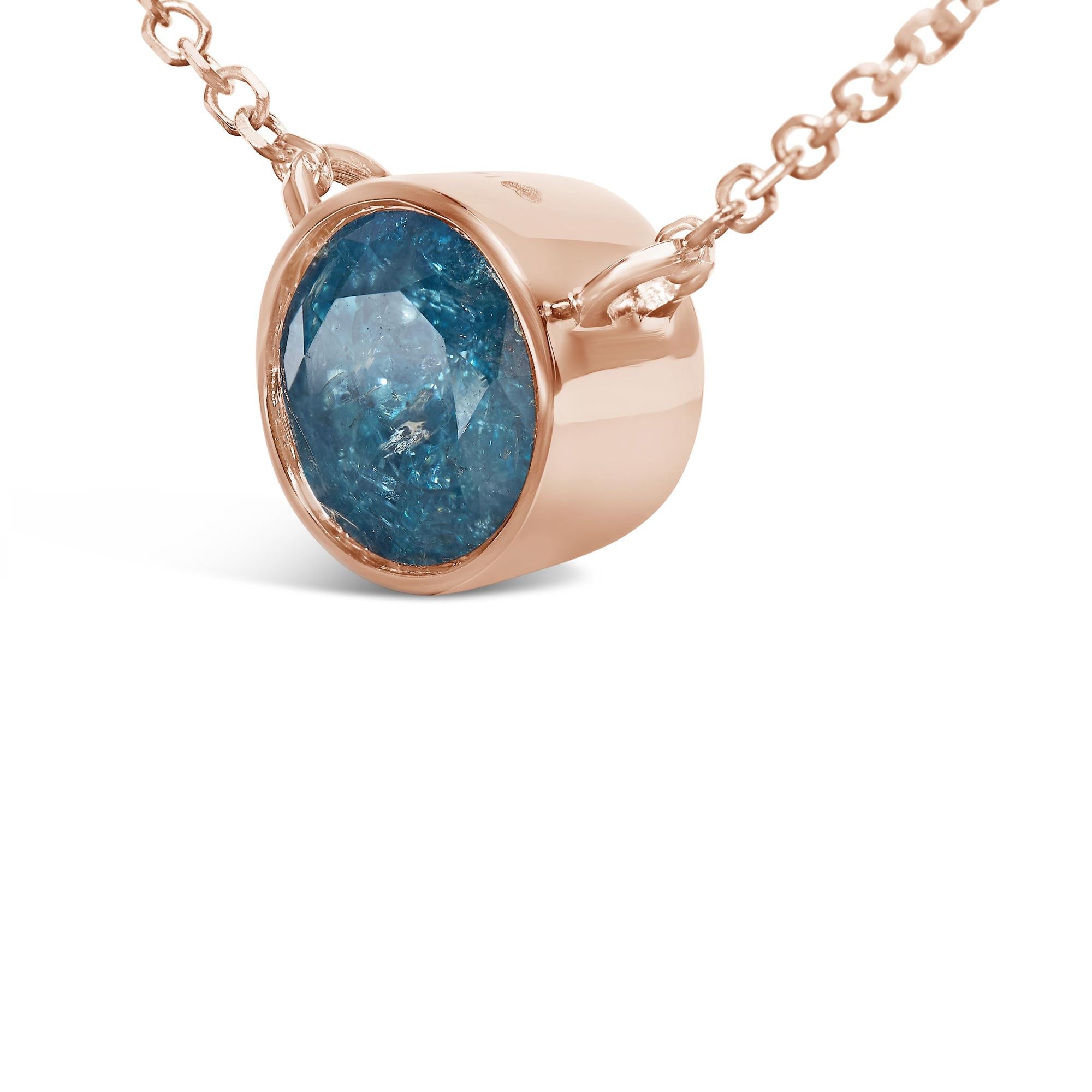 14K Rose Gold 2.0 Cttw Bezel Set Blue Diamond Solitaire Pendant Necklace  - 18" Inches - Friggin Jewelry