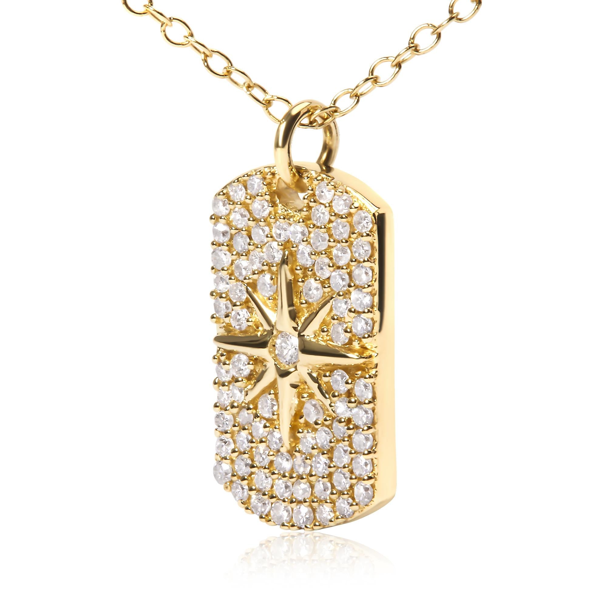 Collar con colgante de placa de identificación de estrella del norte de 45 cm en plata de ley 925 bañada en oro amarillo de 18 quilates con diamantes de 3/8 quilates (color IJ, claridad I2-I3) - Friggin Jewelry