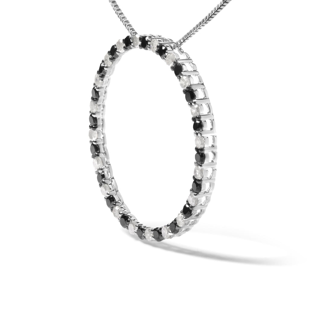 .925 Sterling Silver 1.0 Cttw Alternating Black and White Diamond Open Hoop Circle Pendant Necklace - 18" Inches - Friggin Jewelry