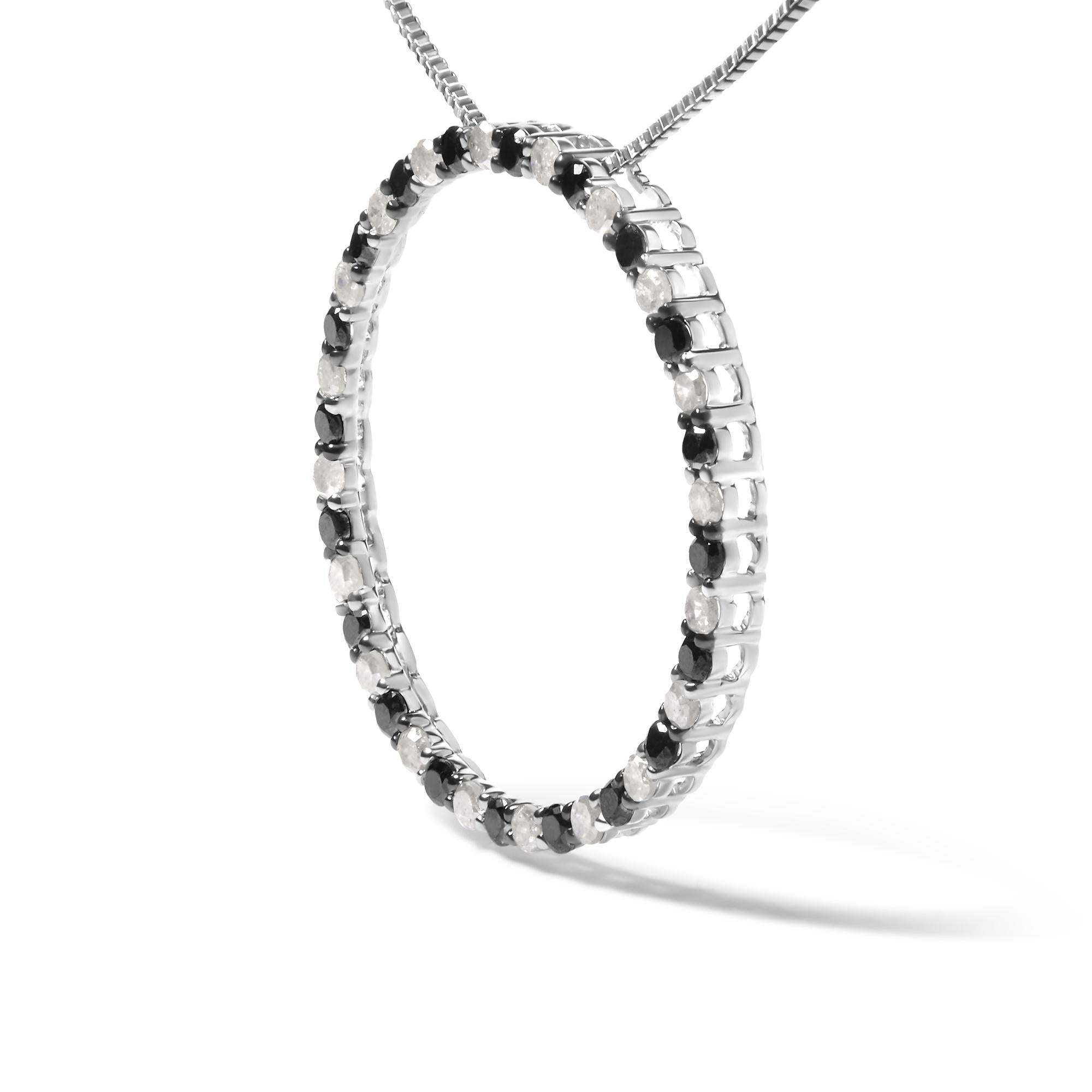 .925 Sterling Silver 1.0 Cttw Alternating Black and White Diamond Open Hoop Circle Pendant Necklace - 18" Inches - Friggin Jewelry