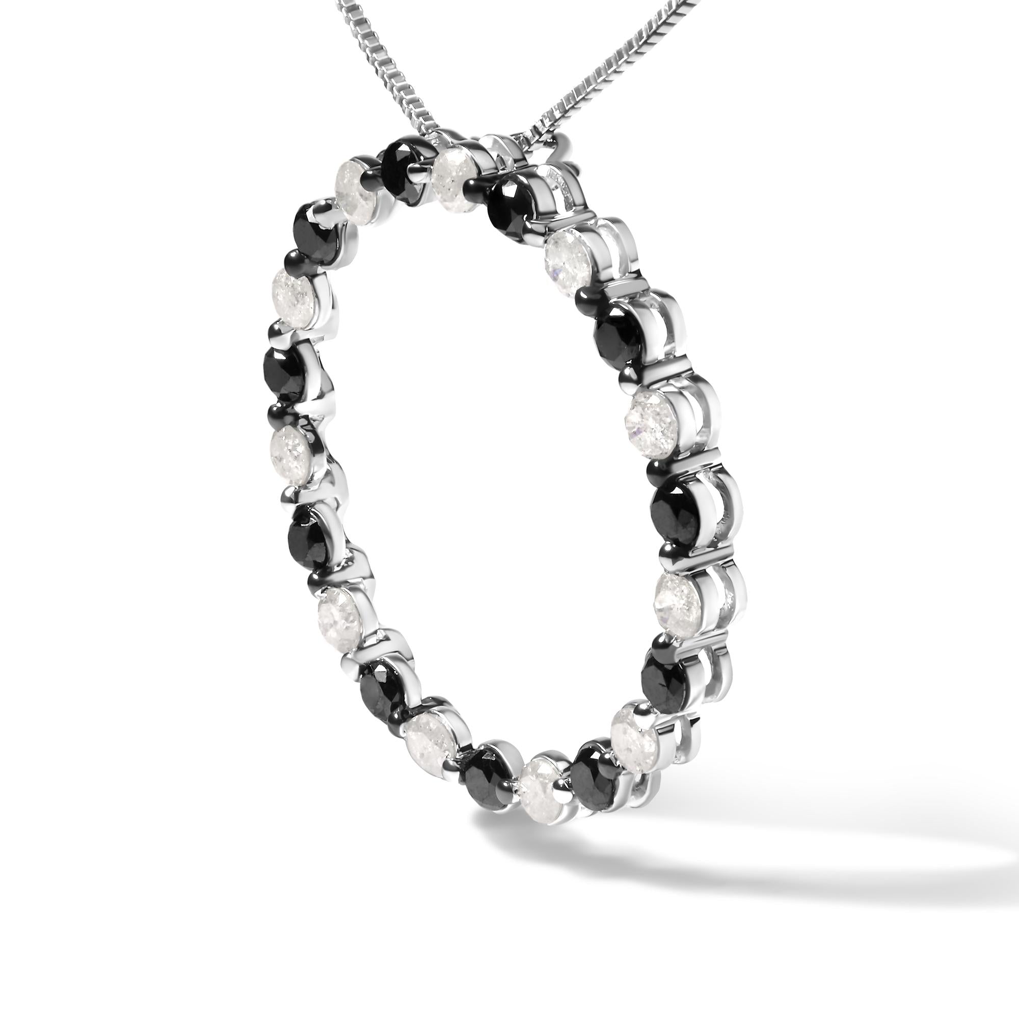 .925 Sterling Silver 1 3/4 Cttw Alternating Black and White Diamond Open Circle Hoop Pendant Necklace (H-I Color, I2-I3 Clarity) - 18" Inches - Friggin Jewelry