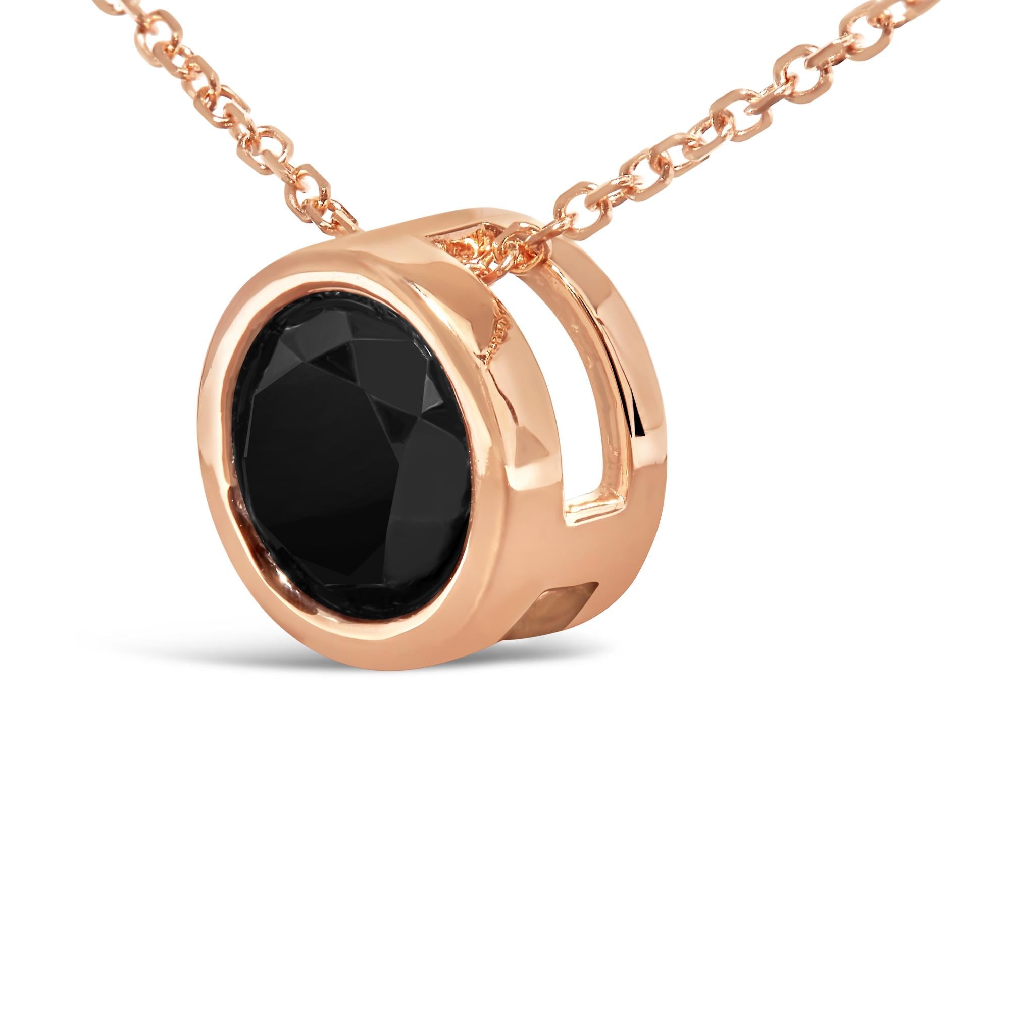 14K Rose Gold Bezel-Set Black Round Diamond Solitaire Pendant Necklace (Black Color, I2-I3 Clarity) - 18" - Friggin Jewelry Premium