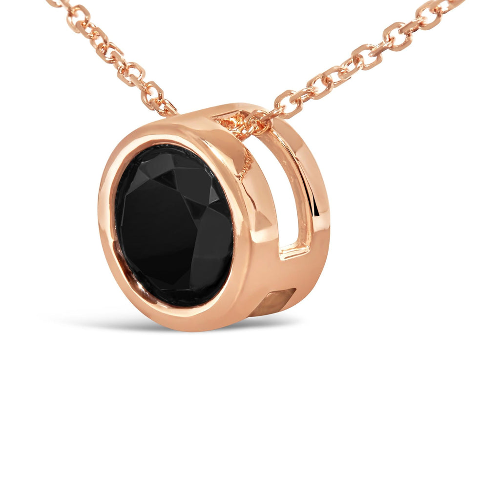 14K Rose Gold Bezel-Set Black Round Diamond Solitaire Pendant Necklace (Black Color, I2-I3 Clarity) - 18" - Friggin Jewelry Premium