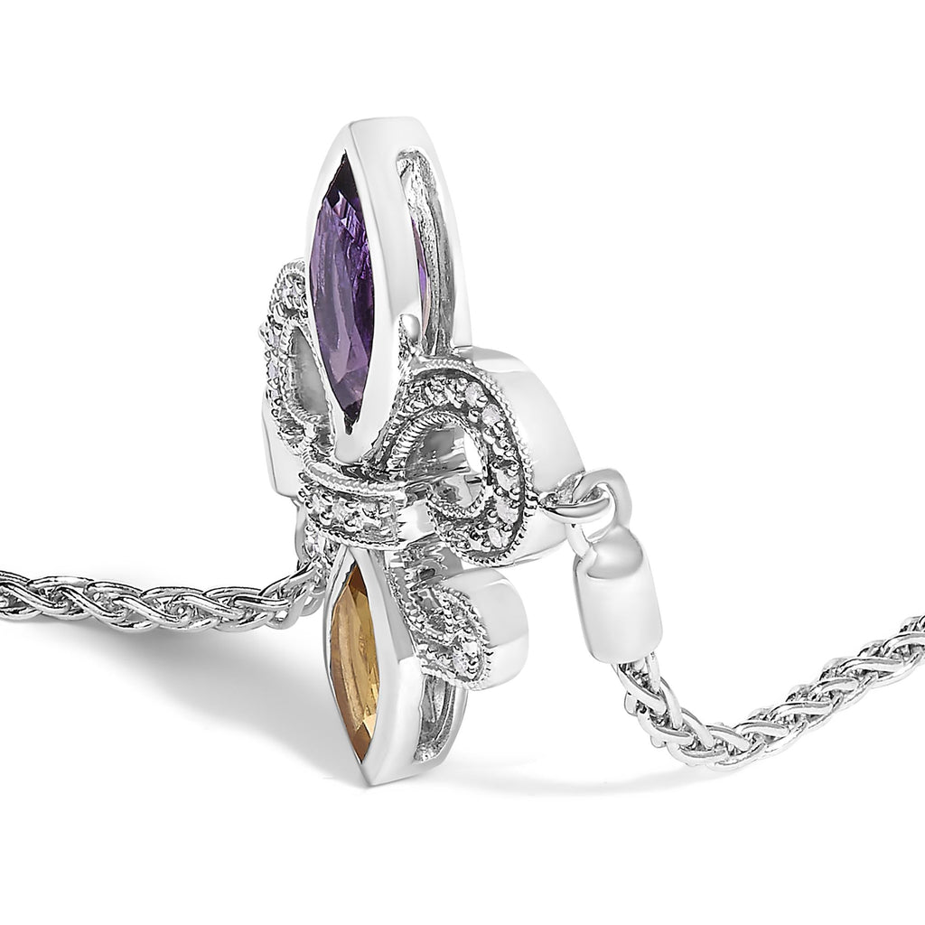.925 Sterling Silver Marquise Purple Amethyst, Orange Citrine, and Diamond Accent Lariat 4”-10” Fleur De Lis Adjustable Bolo Bracelet (I-J Color, I1-I2 Clarity) - Friggin Jewelry