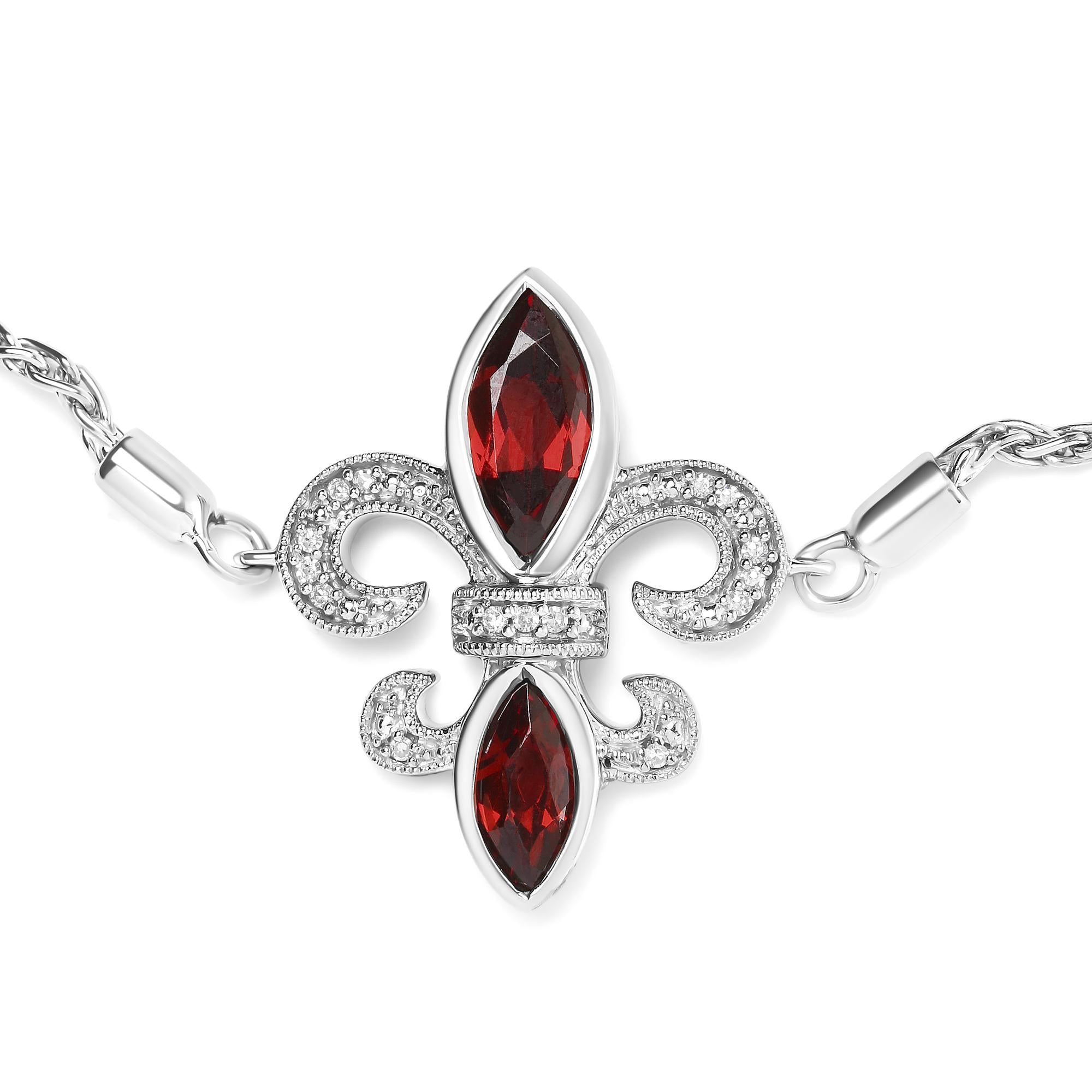 Pulsera bolo ajustable con flor de lis de 10 a 25 cm en plata de ley 925 con granate marquesa y detalles de diamantes (color HI, claridad SI1-SI2) - Friggin Jewelry