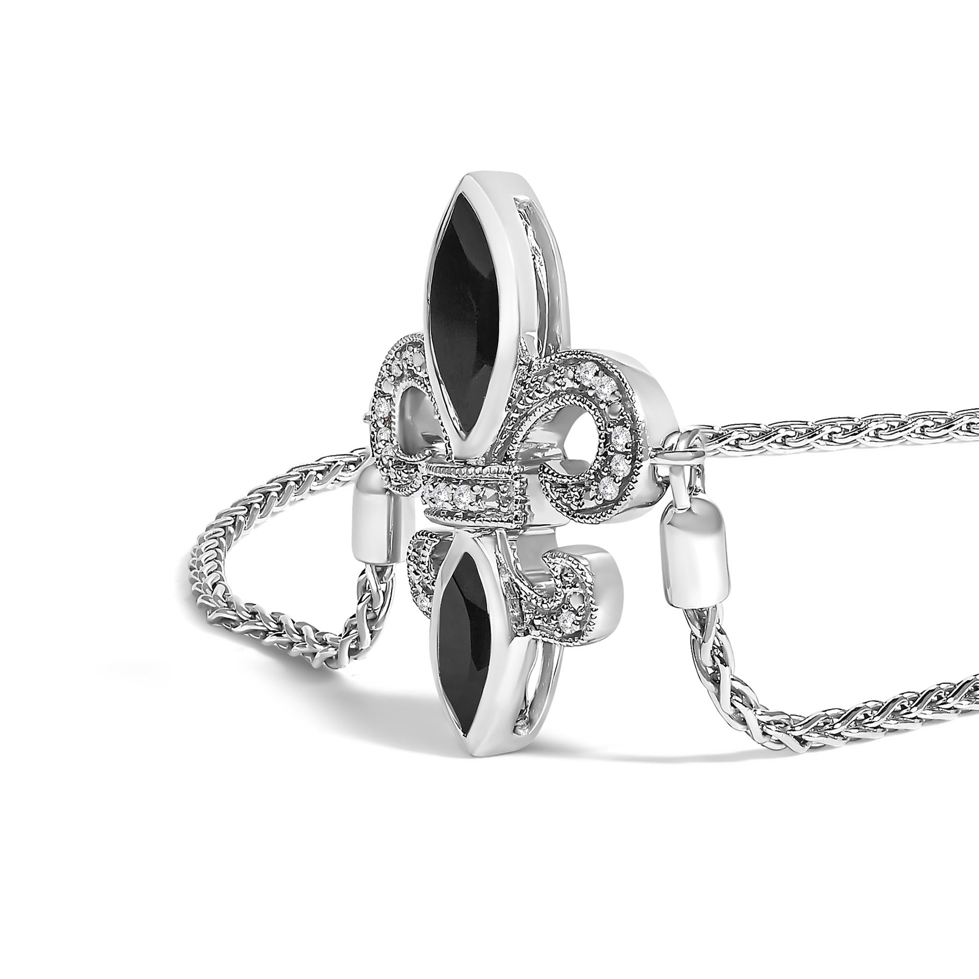 Pulsera bolo ajustable con flor de lis de 10 a 25 cm en plata de ley 925 con ónix negro marquesa y detalles de diamantes (color IJ, claridad I1-I2) - Friggin Jewelry