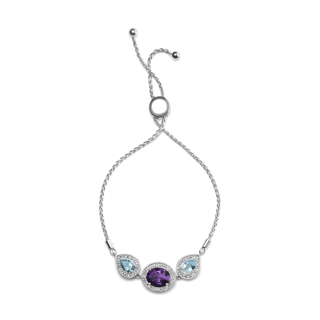 Pulsera bolo ajustable de plata de ley 925 con amatista ovalada y topacio azul pera, con detalle de diamante, de 10 a 25 cm (color HI, claridad SI1-SI2) - Friggin Jewelry