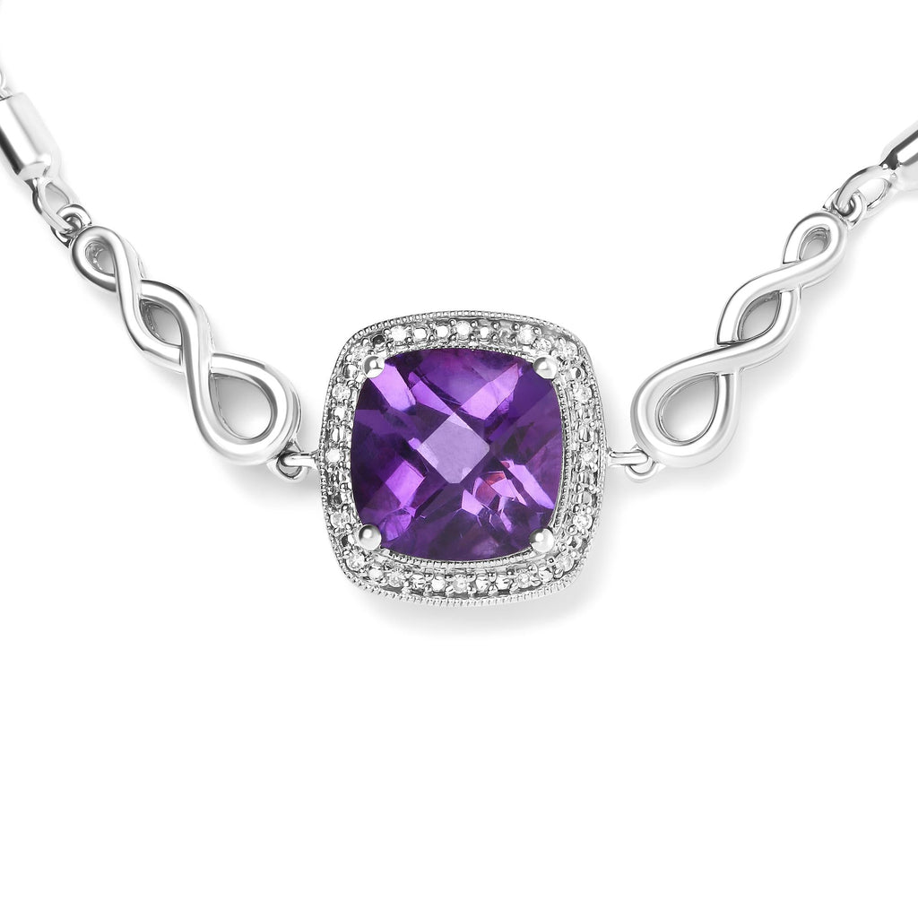 .925 Sterling Silver 10mm Cushion Cut Amethyst Gemstone and Diamond Accent Lariat 4”-10” Adjustable Bolo Bracelet (H-I Color, SI1-SI2 Clarity) - Friggin Jewelry