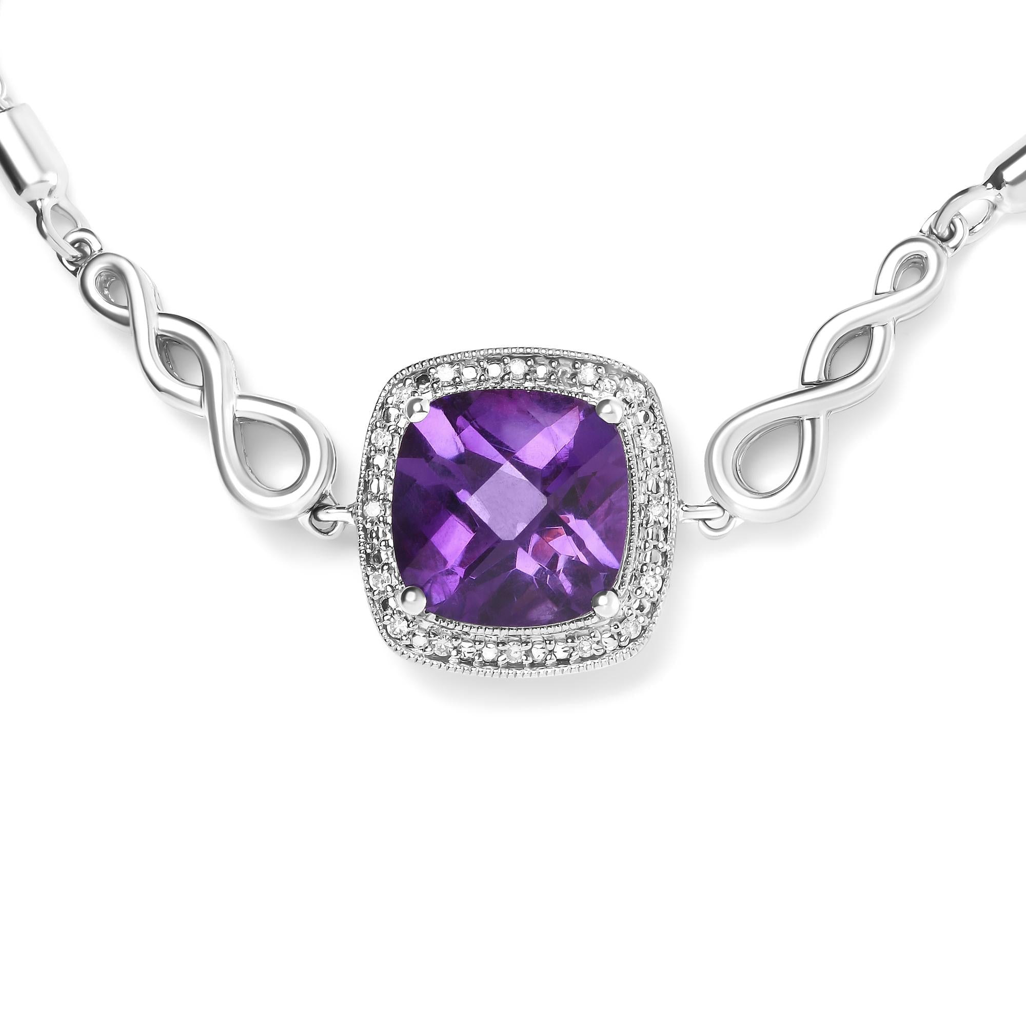 .925 Sterling Silver 10mm Cushion Cut Amethyst Gemstone and Diamond Accent Lariat 4”-10” Adjustable Bolo Bracelet (H-I Color, SI1-SI2 Clarity) - Friggin Jewelry