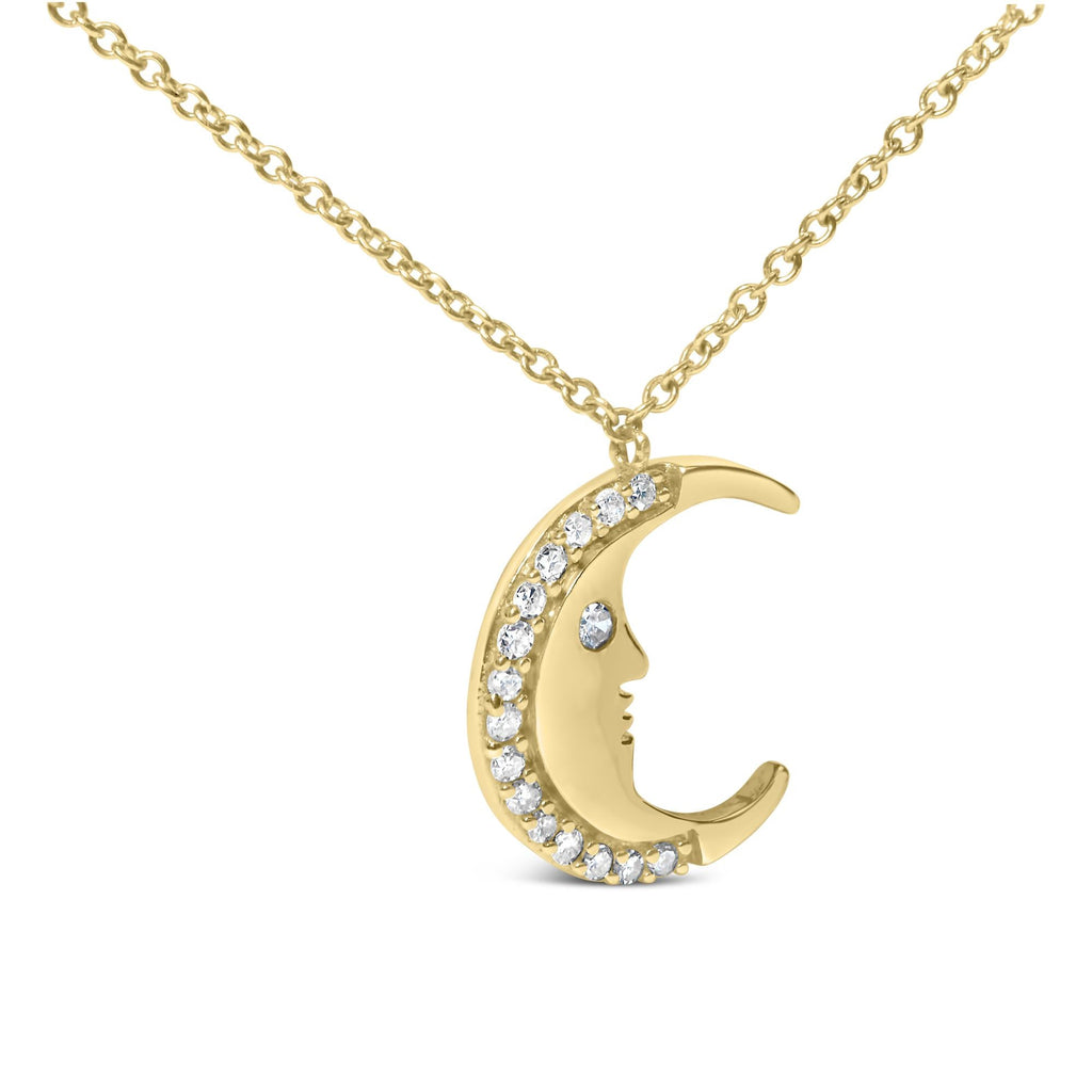 14K Yellow Gold 1/10 Cttw Diamond Crescent Man on the Moon 18" Pendant Necklace (H-I Color, SI1-SI2 Clarity) - Friggin Jewelry