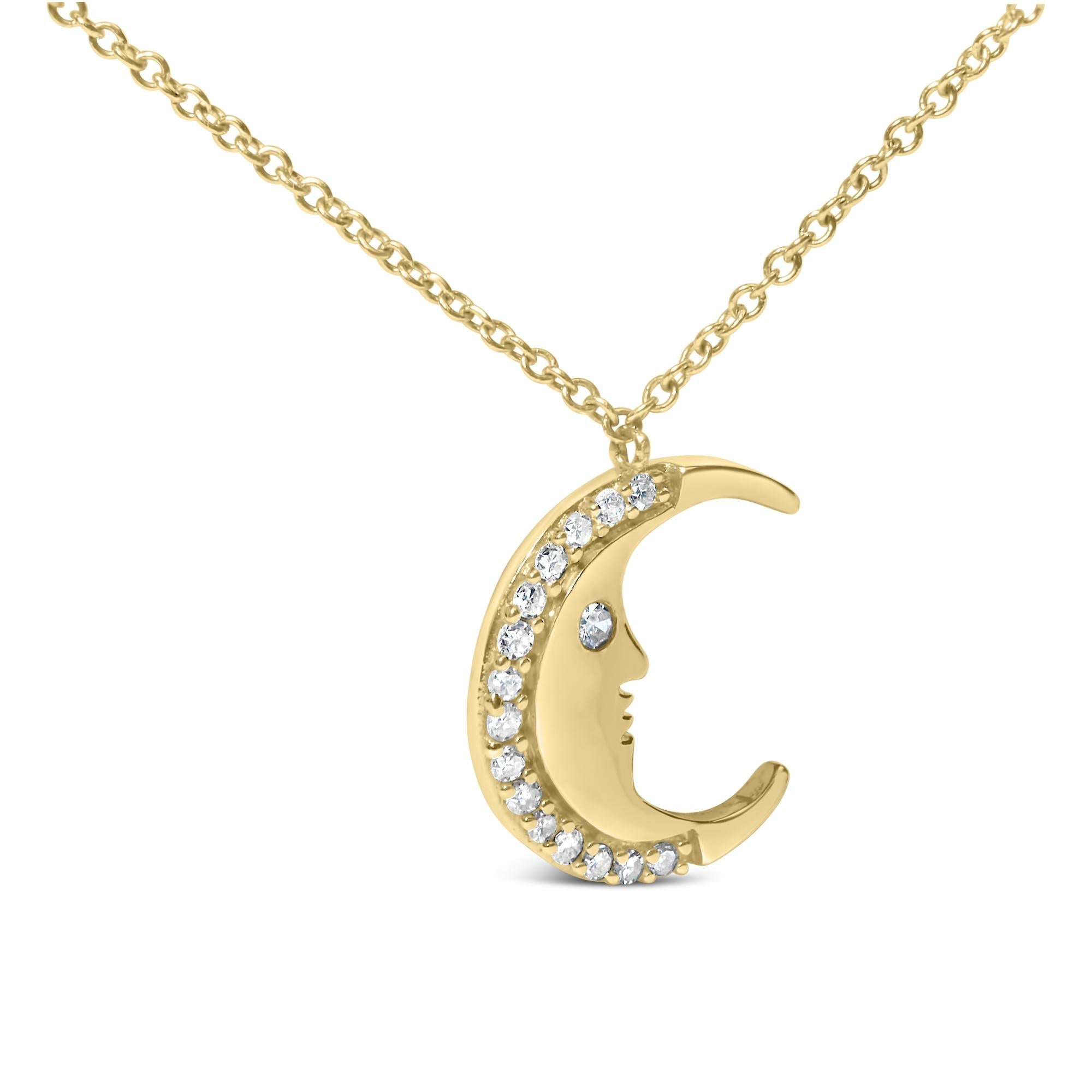 14K Yellow Gold 1/10 Cttw Diamond Crescent Man on the Moon 18" Pendant Necklace (H-I Color, SI1-SI2 Clarity) - Friggin Jewelry