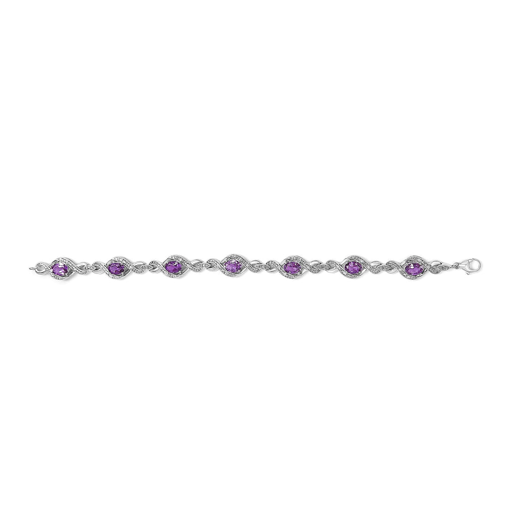 Pulsera de tenis en plata de ley 925 con diamantes redondos naturales de 1/10 ct y cruz de amatista ovalada de 7 x 5 mm (color IJ, claridad I1-I2) - 18 cm - Friggin Jewelry