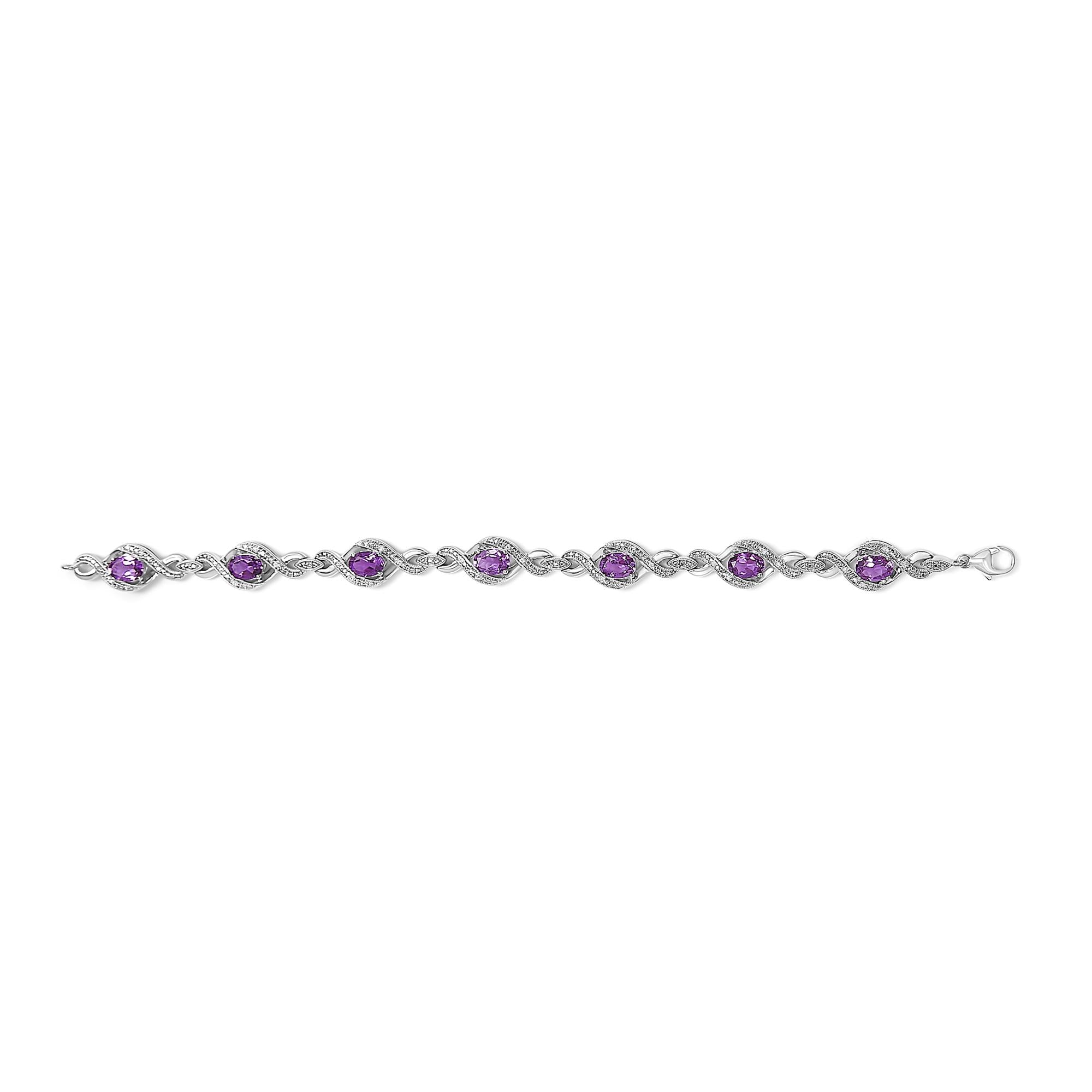Pulsera de tenis en plata de ley 925 con diamantes redondos naturales de 1/10 ct y cruz de amatista ovalada de 7 x 5 mm (color IJ, claridad I1-I2) - 18 cm - Friggin Jewelry