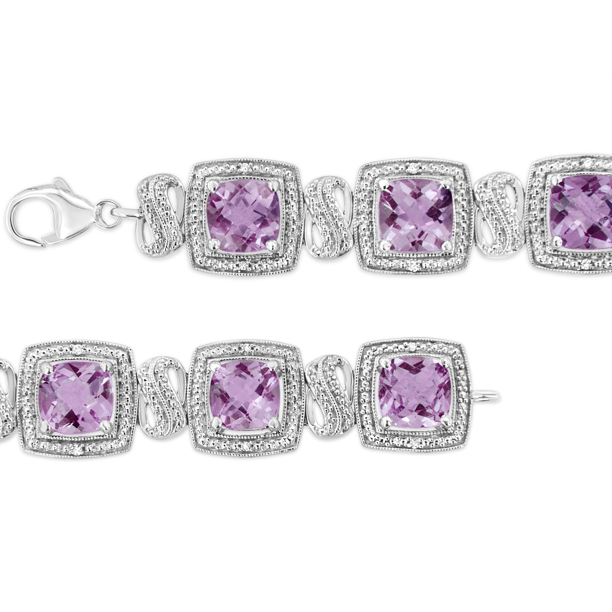 .925 Sterling Silver 7x7 mm Cushion Cut Purple Amethyst and 1/10 cttw Round Cut Diamond Square Shape Tennis Bracelet (I-J Color, I1-I2 Clarity) - 7" - Friggin Jewelry