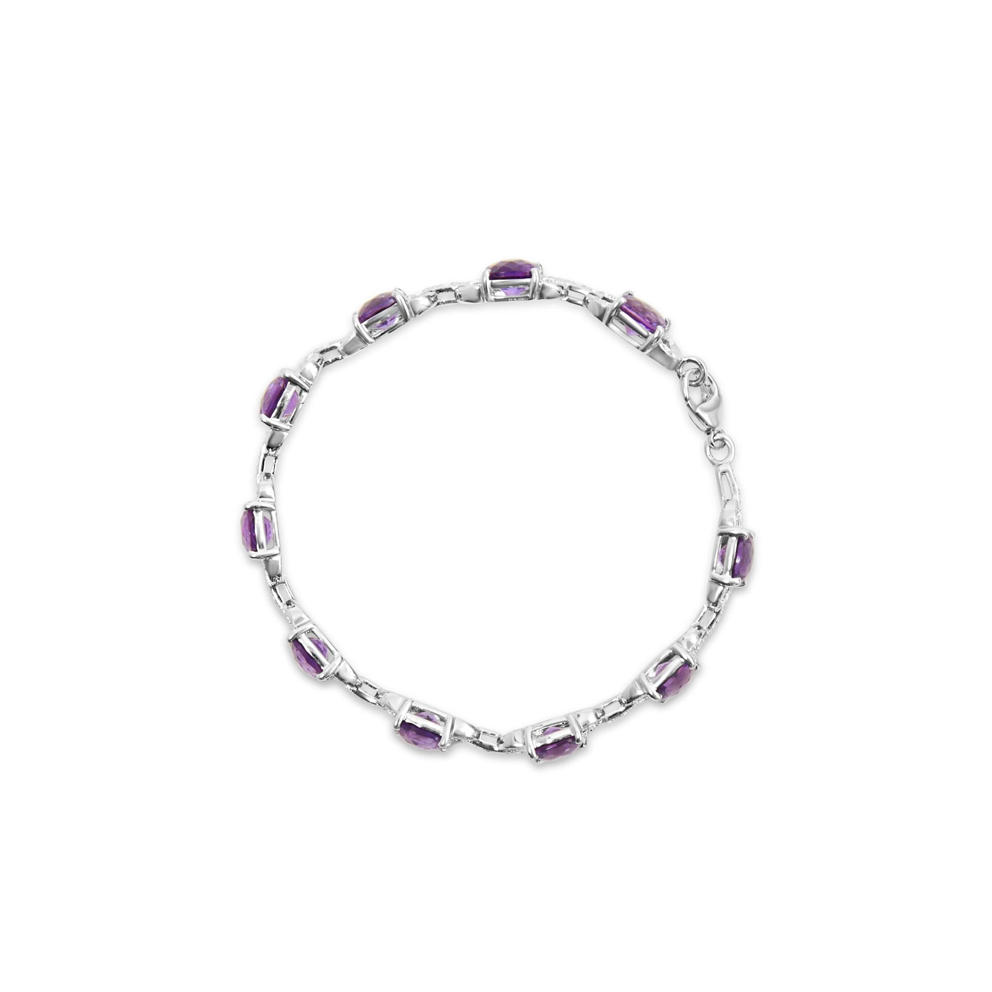 .925 Sterling Silver 7mm Cushion Cut Amethyst Gemstone and Diamond Tennis Link Bracelet (I-J Color, I1-I2 Clarity) - Size 7" - Friggin Jewelry
