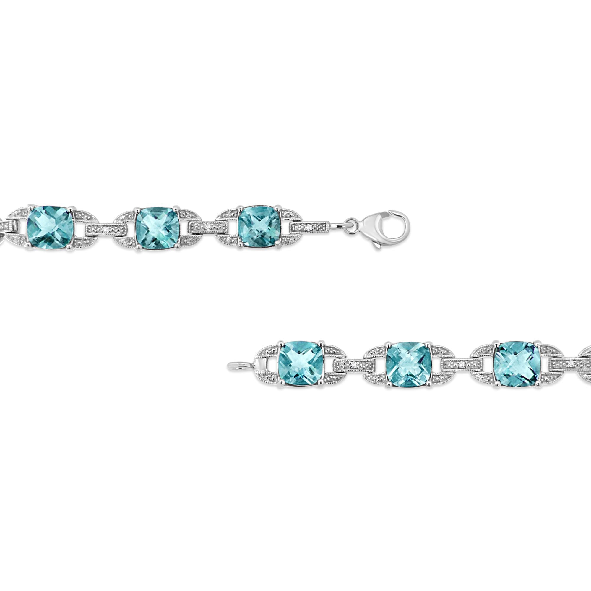 .925 Sterling Silver 7x7 mm Cushion Cut Blue Topaz and 1/20 cttw Round Cut Diamond Fashion Tennis Bracelet (I-J Color, I1-I2 Clarity) - 7" - Friggin Jewelry