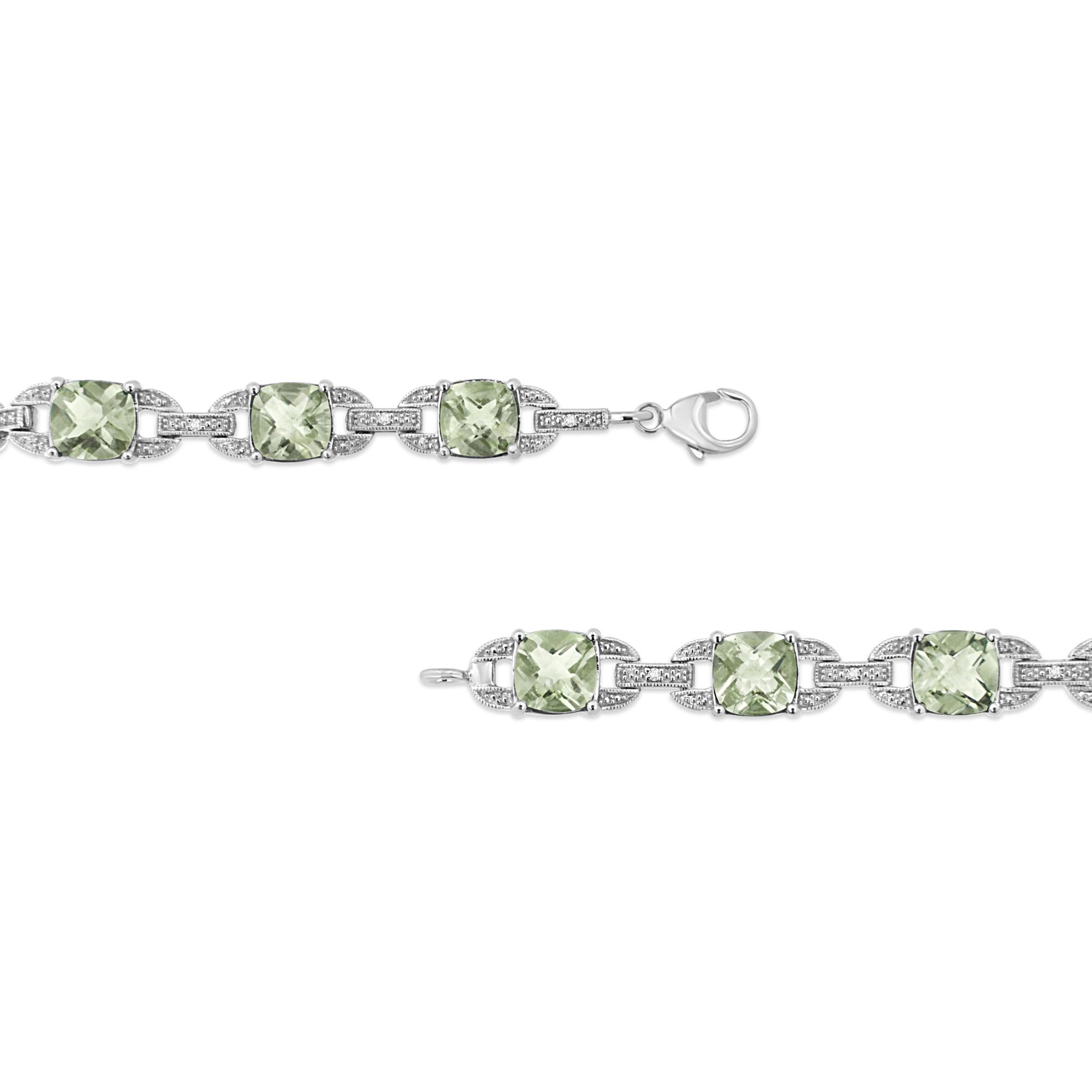 .925 Sterling Silver 7x7 mm Cushion Cut Green Amethyst and 1/20 cttw Round Cut Diamond Fashion Tennis Bracelet (I-J Color, I1-I2 Clarity) - 7" - Friggin Jewelry