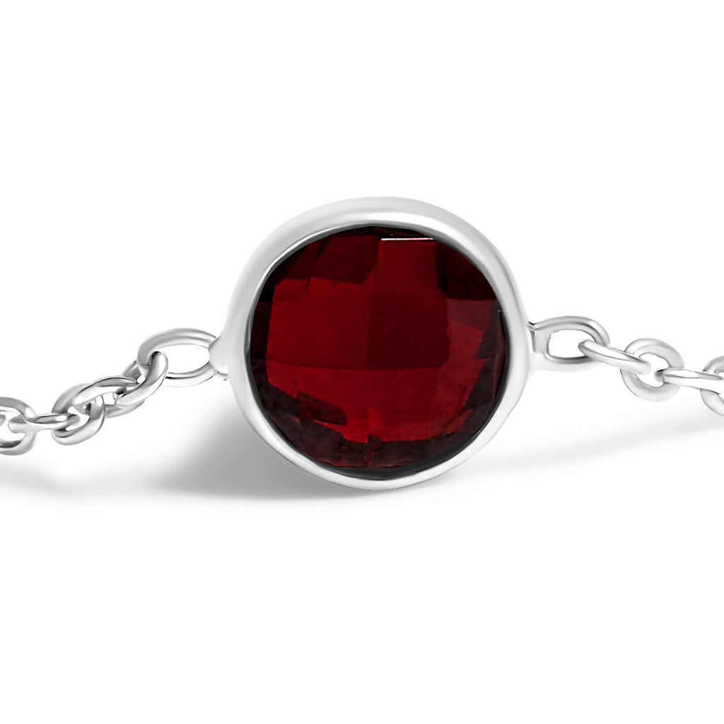 .925 Sterling Silver Checkerboard Cut Red Garnet Bezel Station Necklace - 22" Inches - Friggin Jewelry