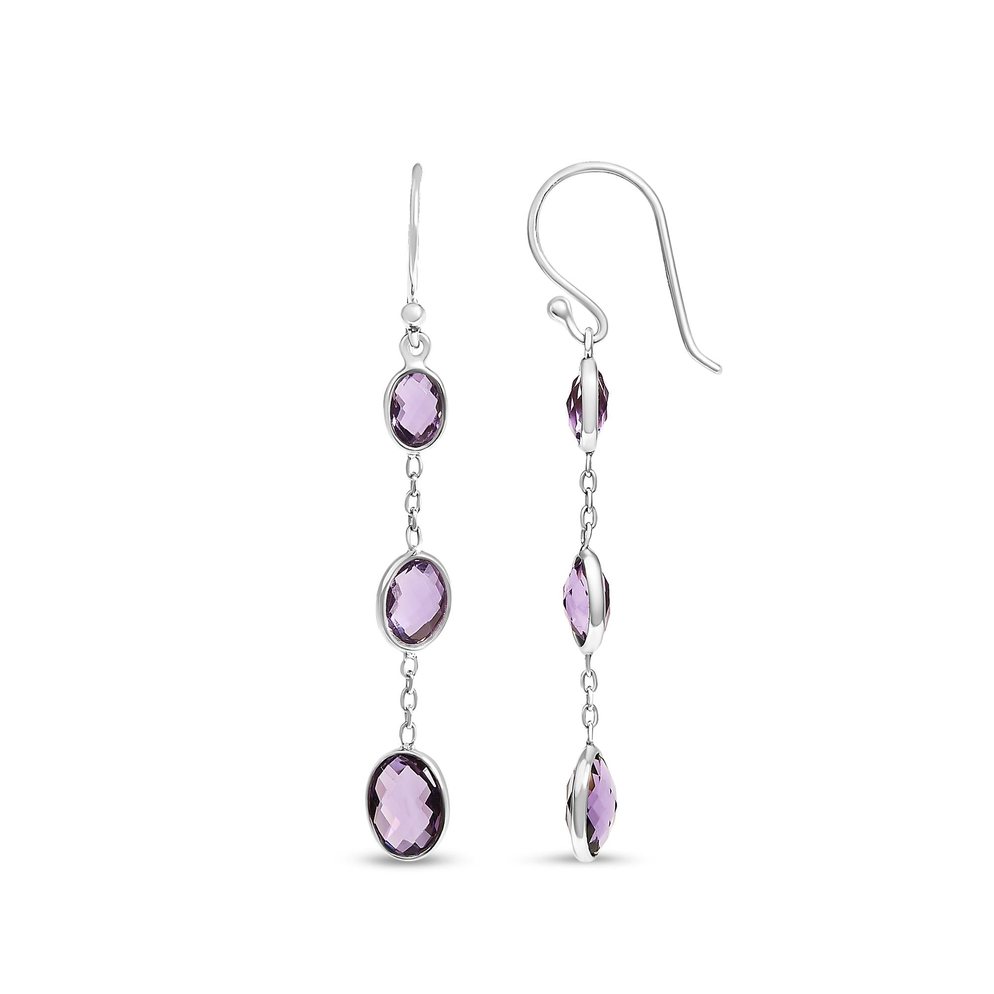 .925 Sterling Silver Checkerboard Cut Oval Purple Amethyst 2" Inch Drop and Dangle Earrings - Friggin Jewelry