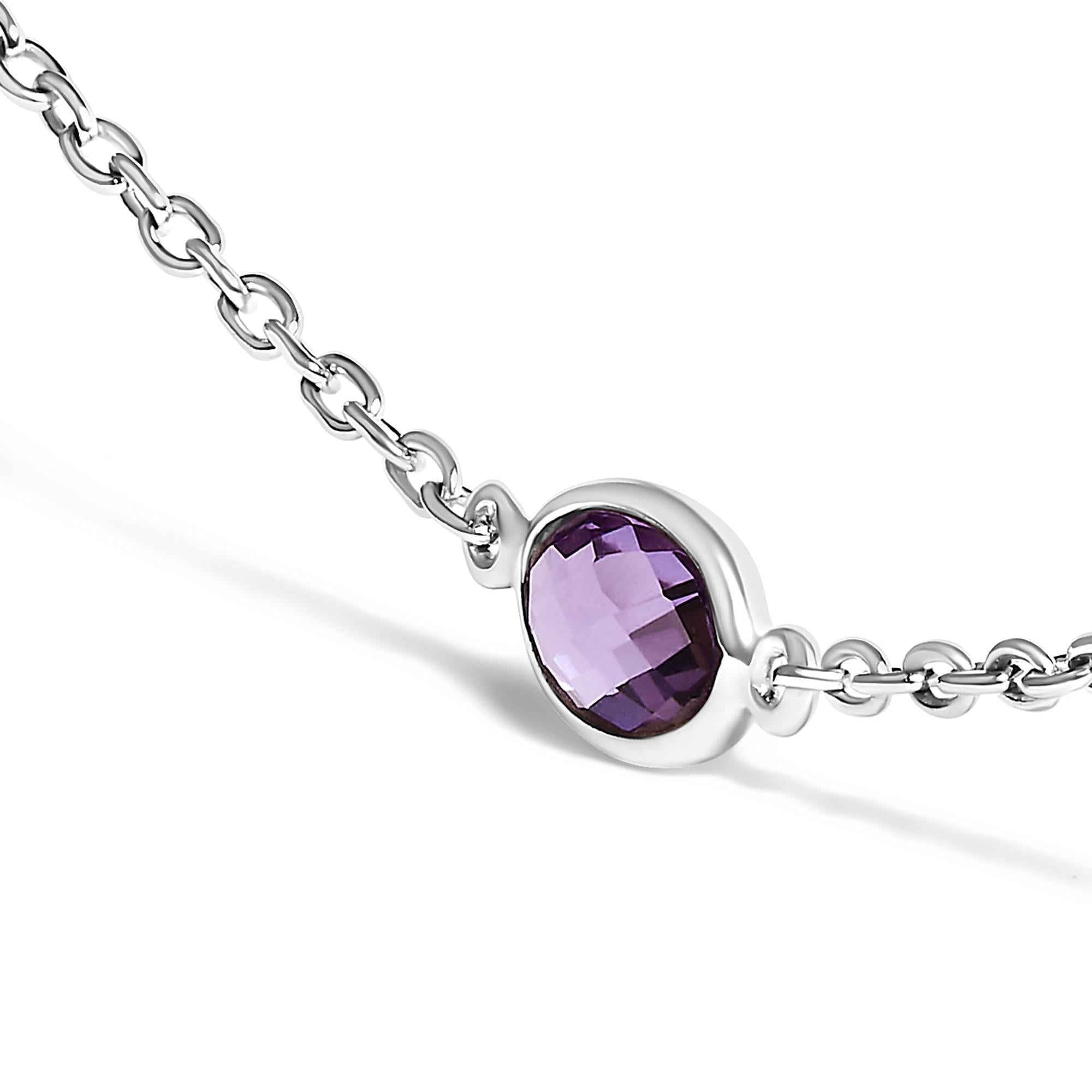 .925 Sterling Silver Checkerboard Cut Purple Amethyst Bezel Station Necklace - 22" Inches - Friggin Jewelry
