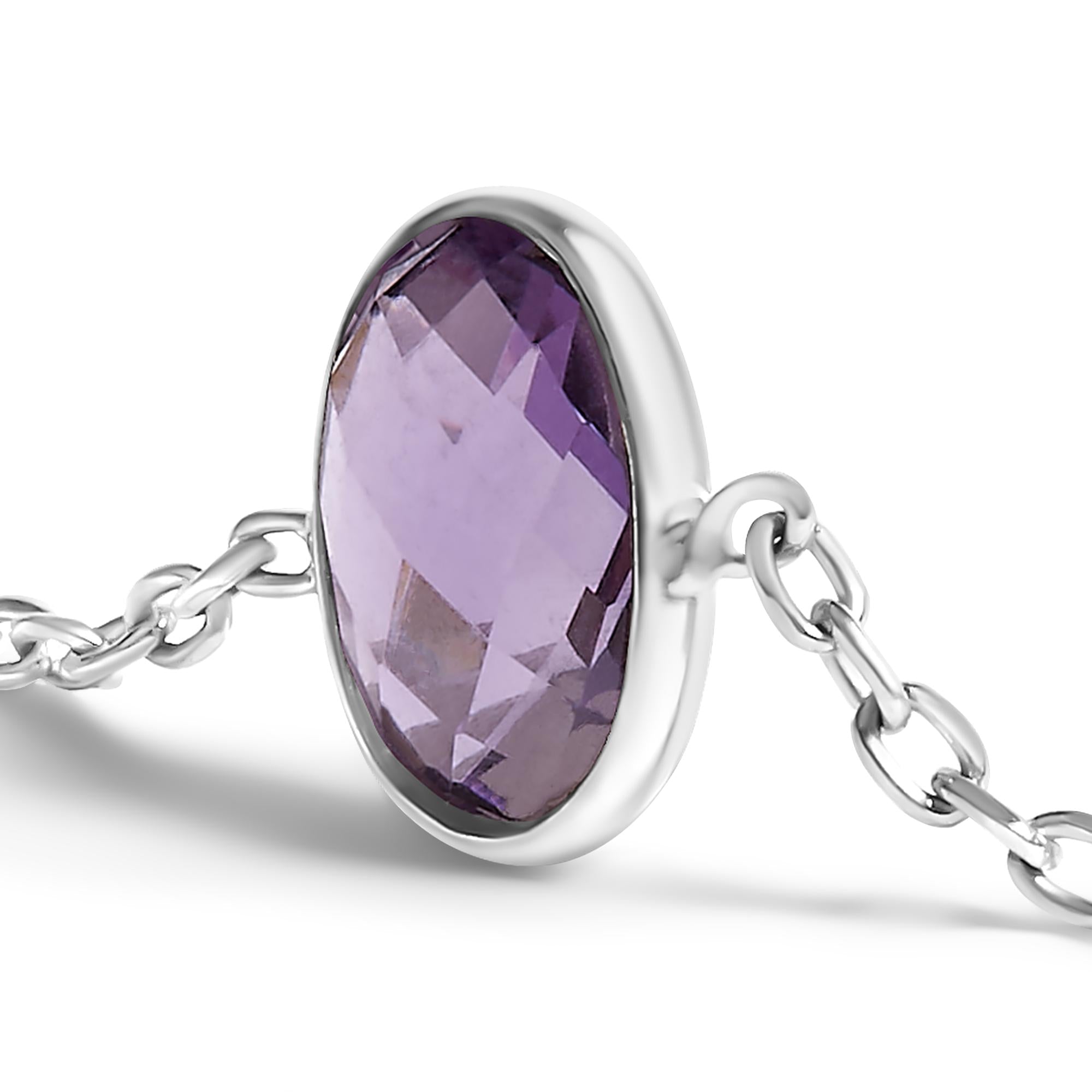 .925 Sterling Silver Bezel Set Purple Amethyst 5 Station Adjustable Bolo Bracelet - Friggin Jewelry