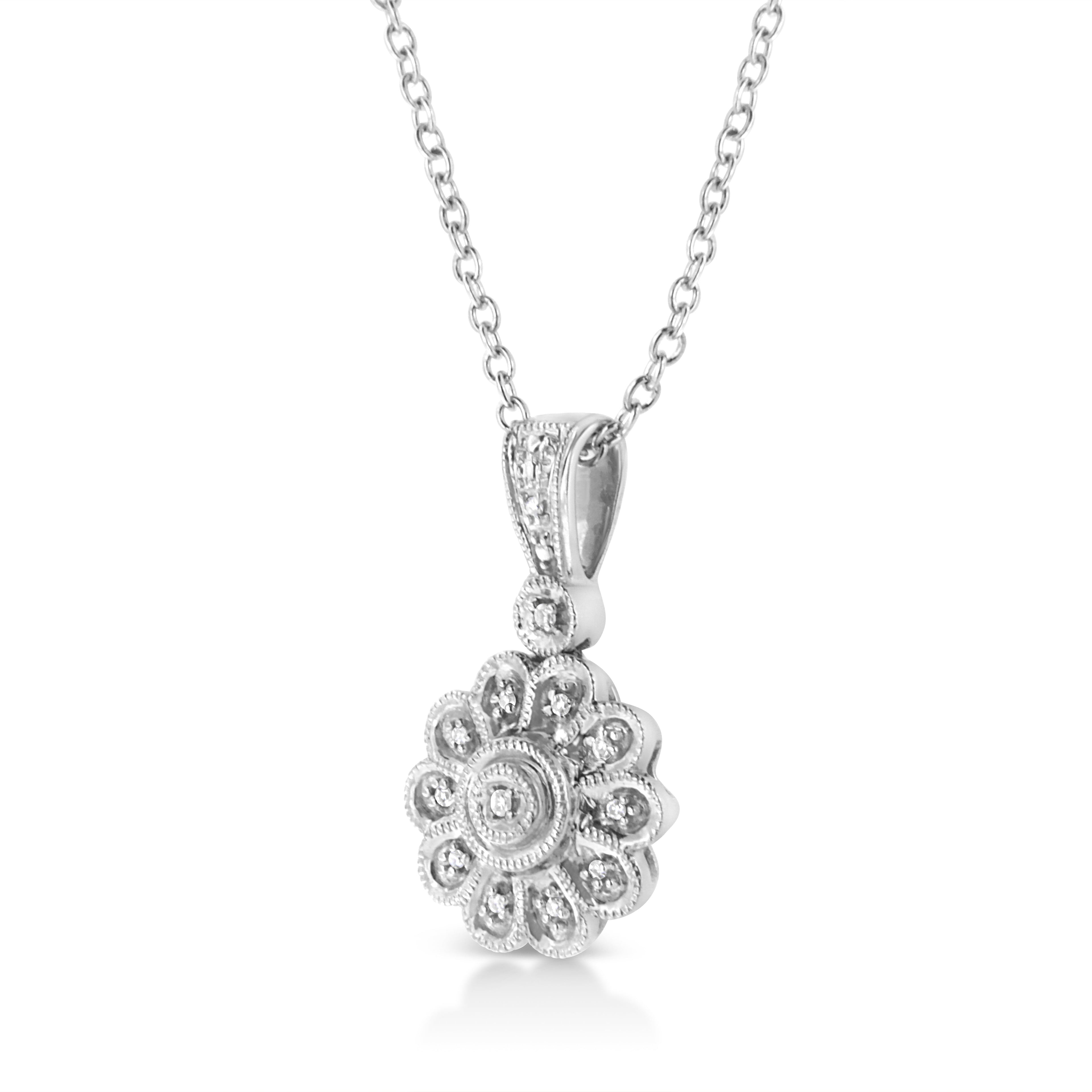 .925 Sterling Silver Diamond Accent Sunburst Milgrain 18" Pendant Necklace (I-J Color, I1-I2 Clarity) - Friggin Jewelry
