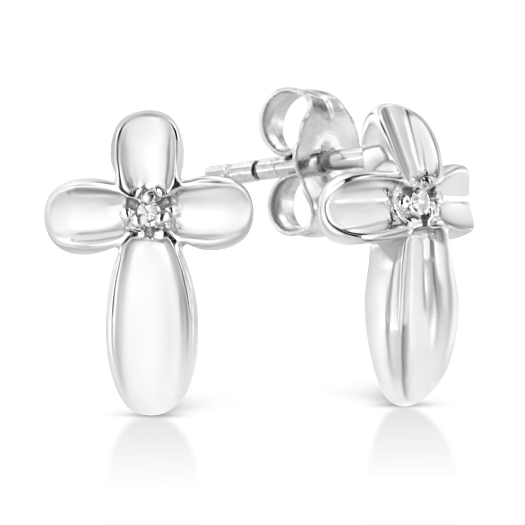 .925 Sterling Silver Prong Set Diamond Accent Floral Cross Stud Earring (I-J Color, I1-I2 Clarity) - Friggin Jewelry