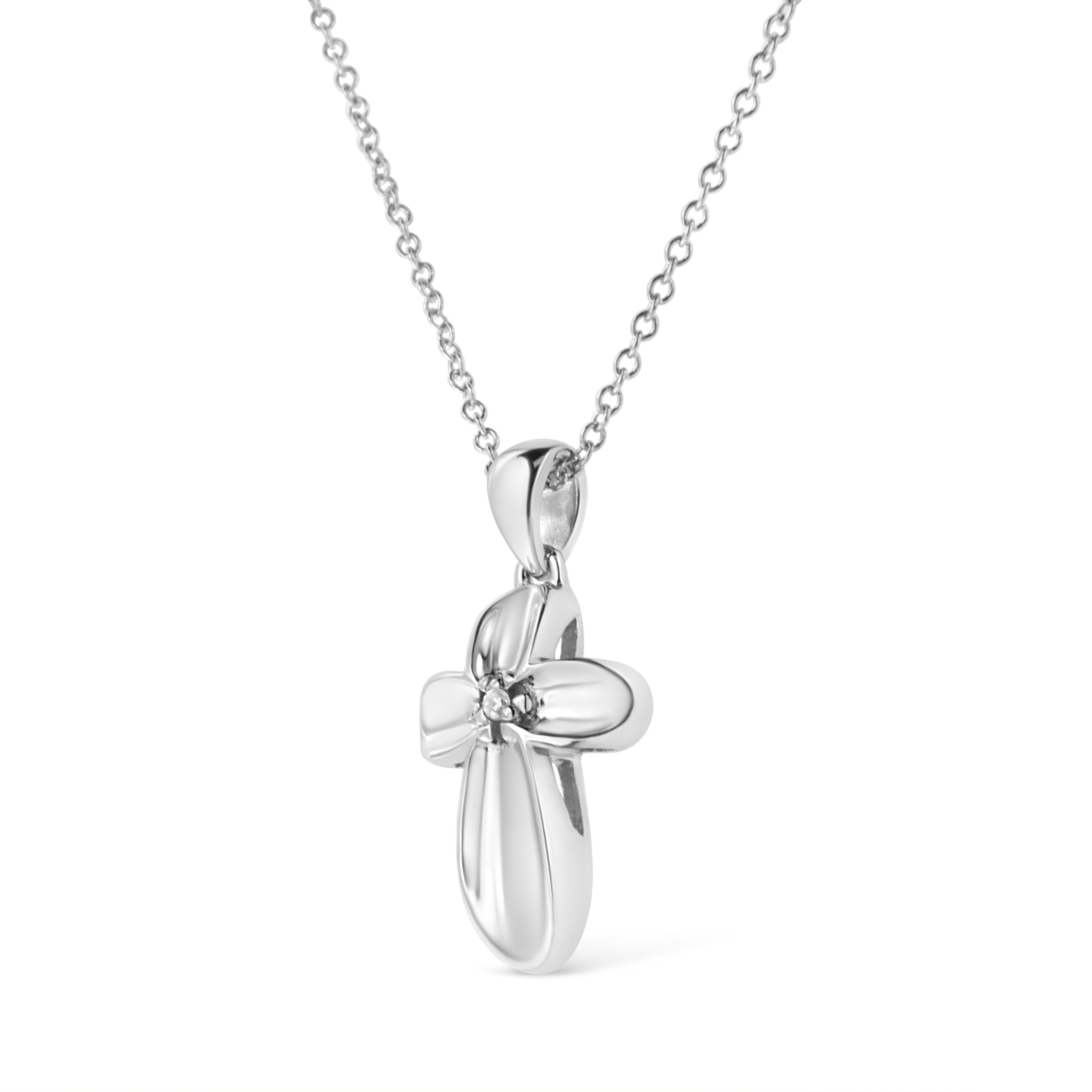 .925 Sterling Silver Prong-Set Diamond Accent Floral Cross 18" Pendant Necklace (I-J Color, I1-I2 Clarity) - Friggin Jewelry