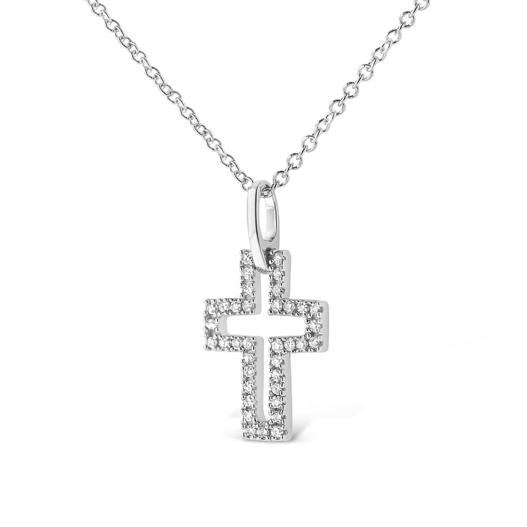 .925 Sterling Silver 1/10 cttw Pave-Set Round-Cut Diamond Open Cross 18" Pendant Necklace (I-J Color, I1-2 Clarity) - Friggin Jewelry