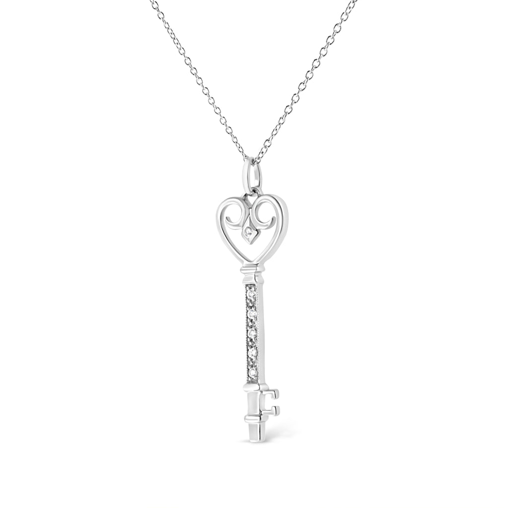 .925 Sterling Silver Pave and Bezel-Set Diamond Accent Key 18" Heart and Lock Pendant Necklace (K-L Color, I1-I2 Clarity) - Friggin Jewelry