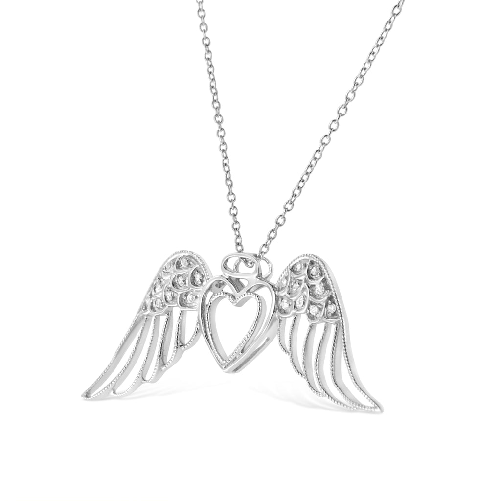 .925 Sterling Silver Pave-Set Diamond Accent Angel Wing 18" Double Heart Pendant Necklace (I-J Color, I1-I2 Clarity) - Friggin Jewelry