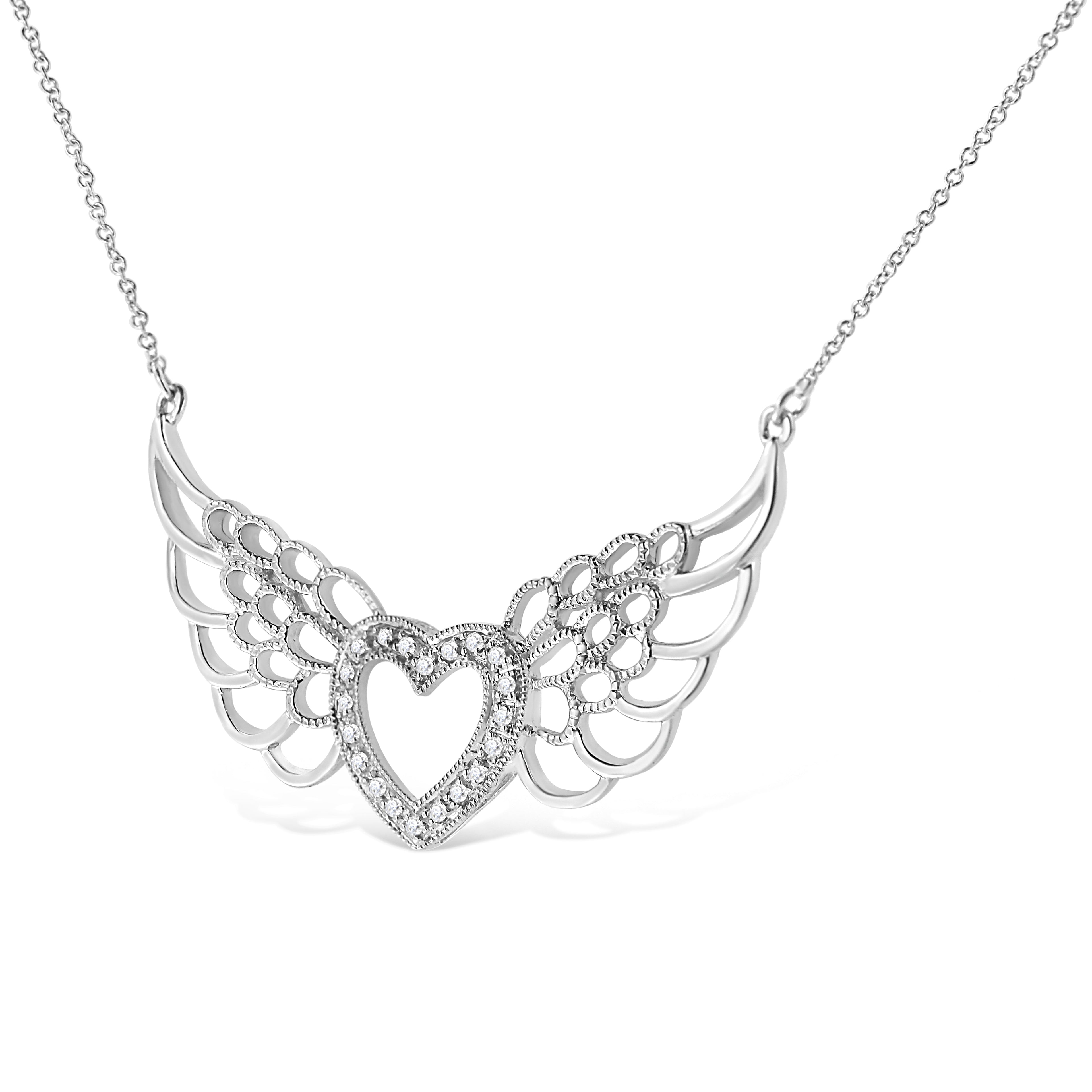 .925 Sterling Silver Pave-Set Diamond Accent Fairy Wing 18" Heart Pendant Necklace (I-J Color, I1-I2 Clarity) - Friggin Jewelry