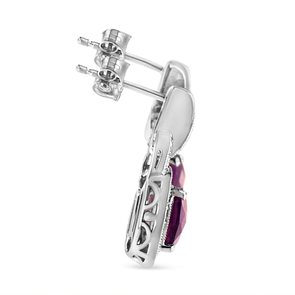 .925 Sterling Silver 8MM Natural Cushion Shaped Amethyst and Diamond Accent Halo with Push Back Dangle Earrings (I-J Color, I2-I3 Clarity) - Friggin Jewelry