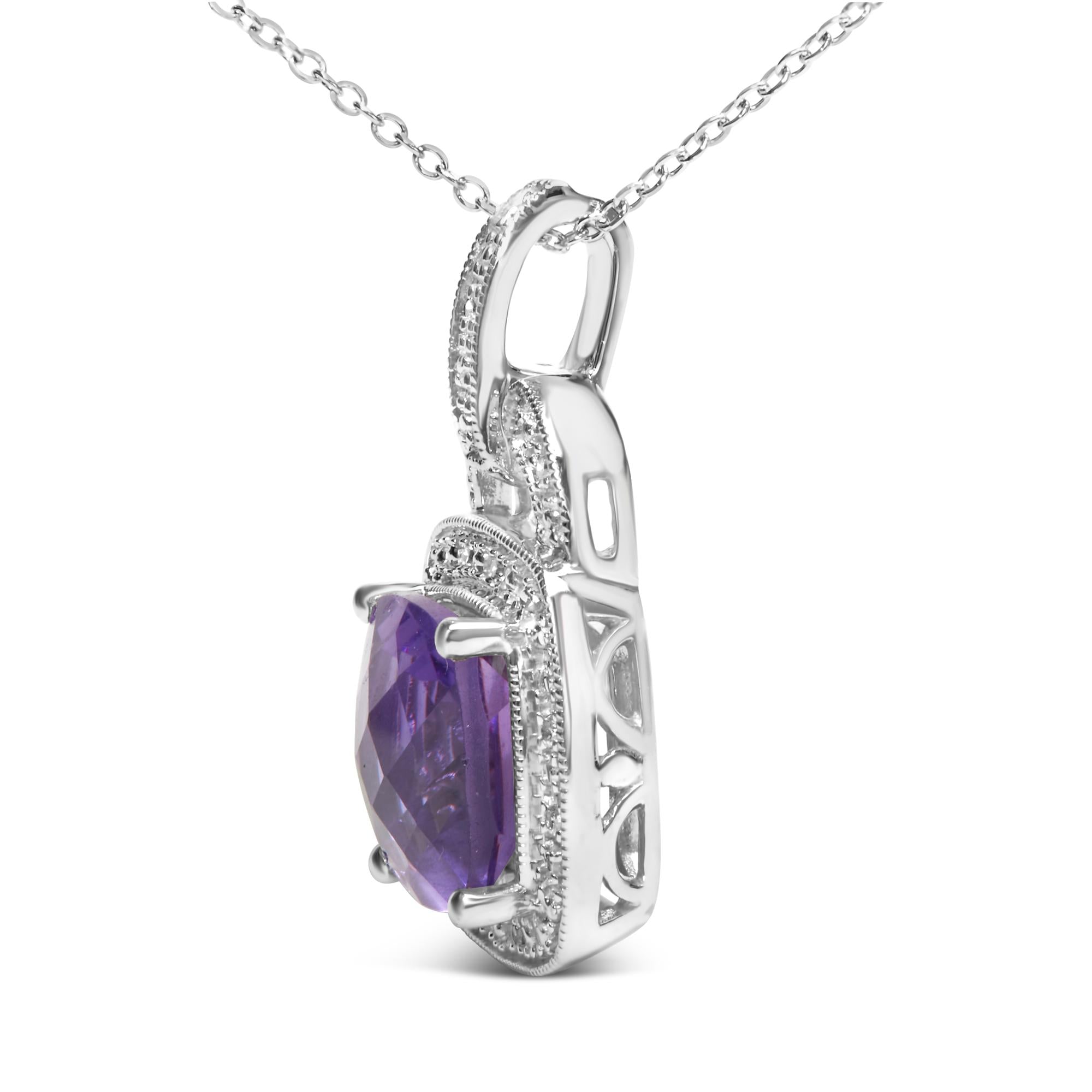 .925 Sterling Silver 10X10 MM Cushion Purple Amethyst and Diamond Accent Halo 18" Pendant Necklace (I-J Color, I1-I2 Clarity) - Friggin Jewelry
