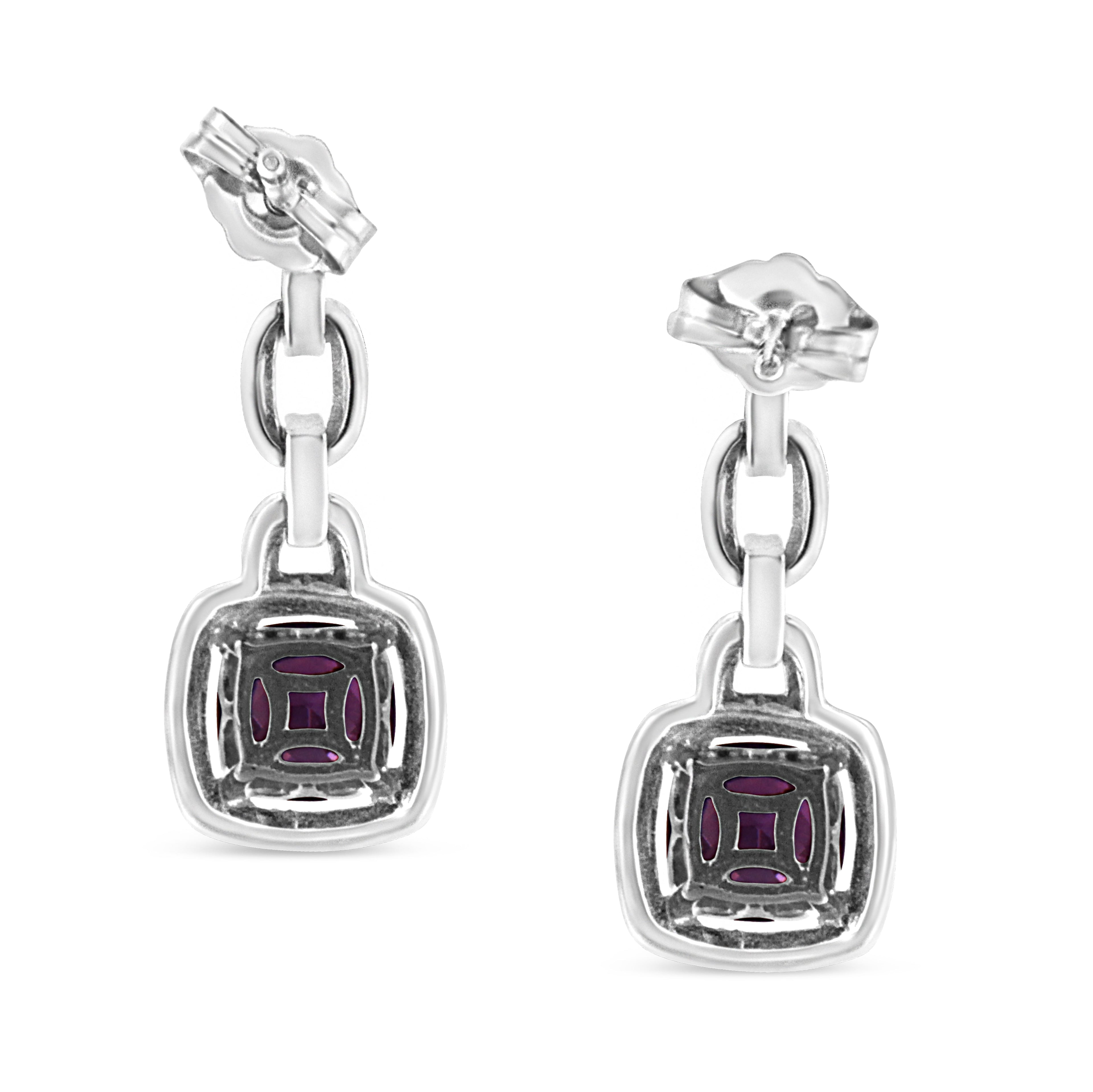 .925 Sterling Silver 6x6MM Cushion Shaped Natural Purple Amethyst and Diamond Accent Drop and Dangle Earrings (I-J Color, I1-I2 Clarity) - Friggin Jewelry
