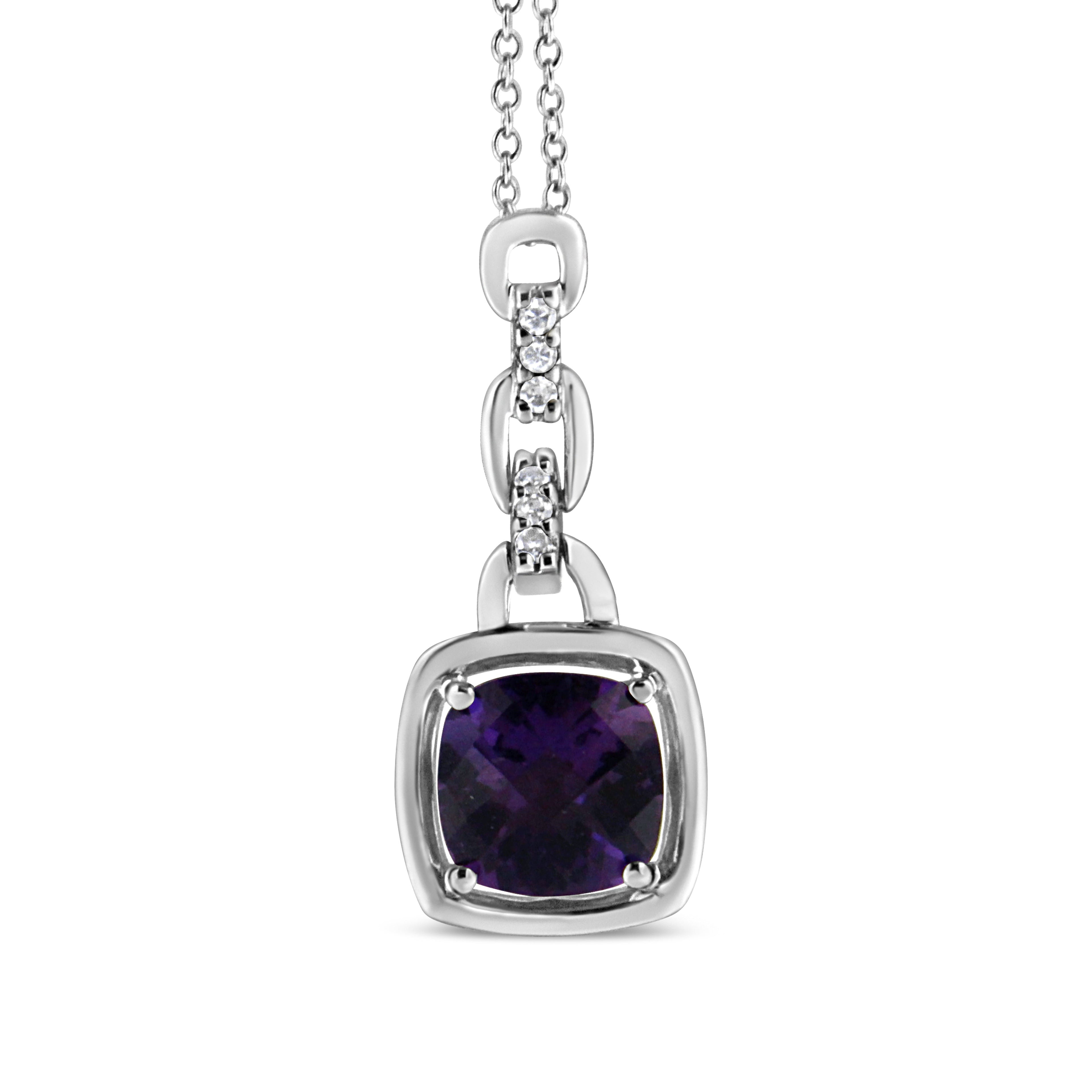 .925 Sterling Silver 6x6MM Cushion Shaped Natural Purple Amethyst and Diamond Accented Bale 18" Inch Pendant Necklace (I-J Color, I1-I2 Clarity) - Friggin Jewelry