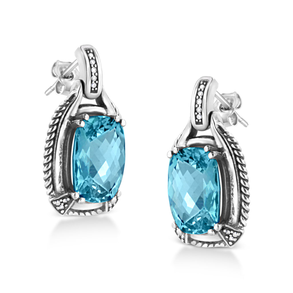.925 Sterling Silver 14x10MM Cushion Cut Blue Topaz Gemstone and Diamond Accent Dangle Earring (I-J Color, I1-I2 Clarity) - Friggin Jewelry