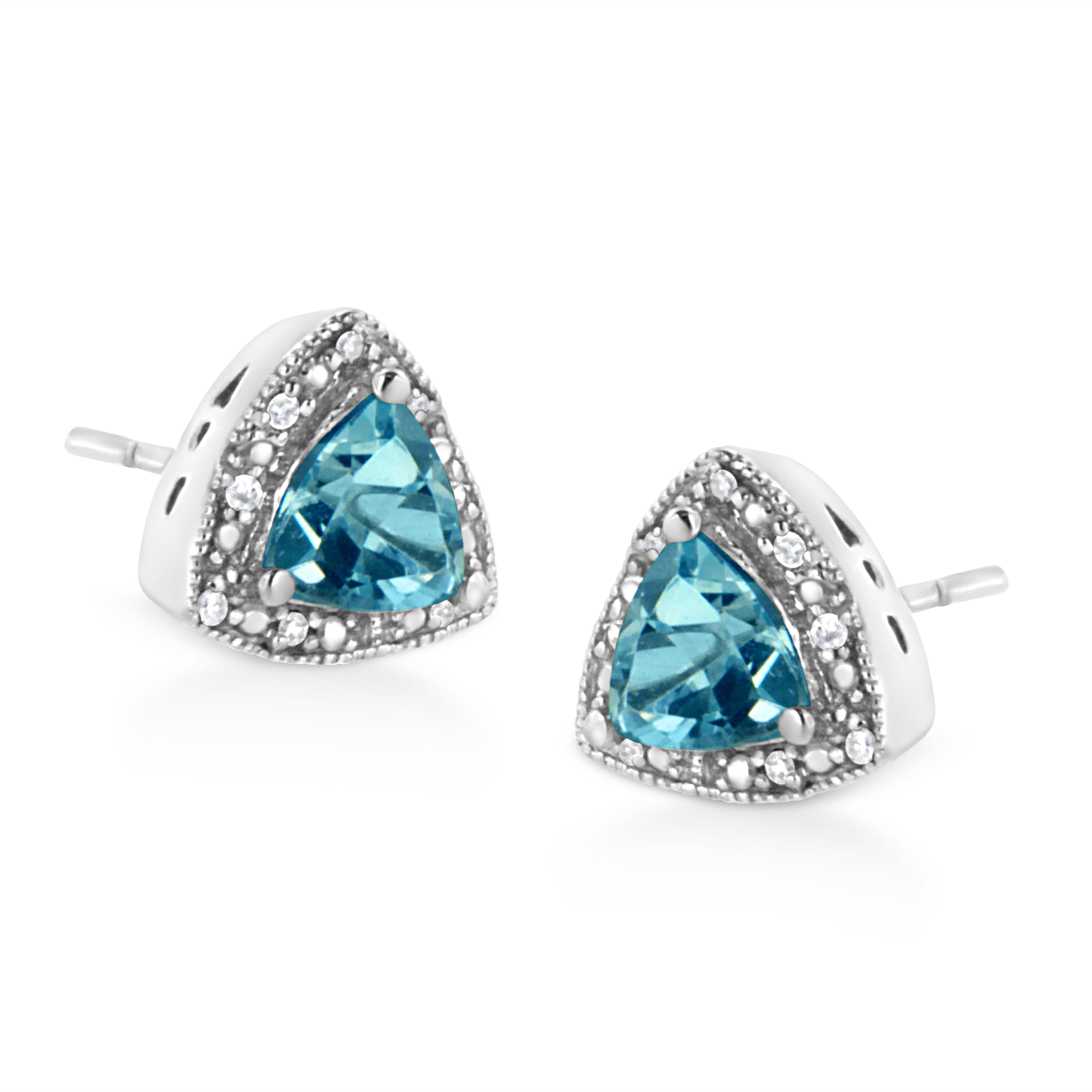 .925 Sterling Silver 6x6 mm Trillion Cut Blue Topaz Gemstone and Diamond Accent Stud Earring (I-J Color, I1-I2 Clarity) - Friggin Jewelry