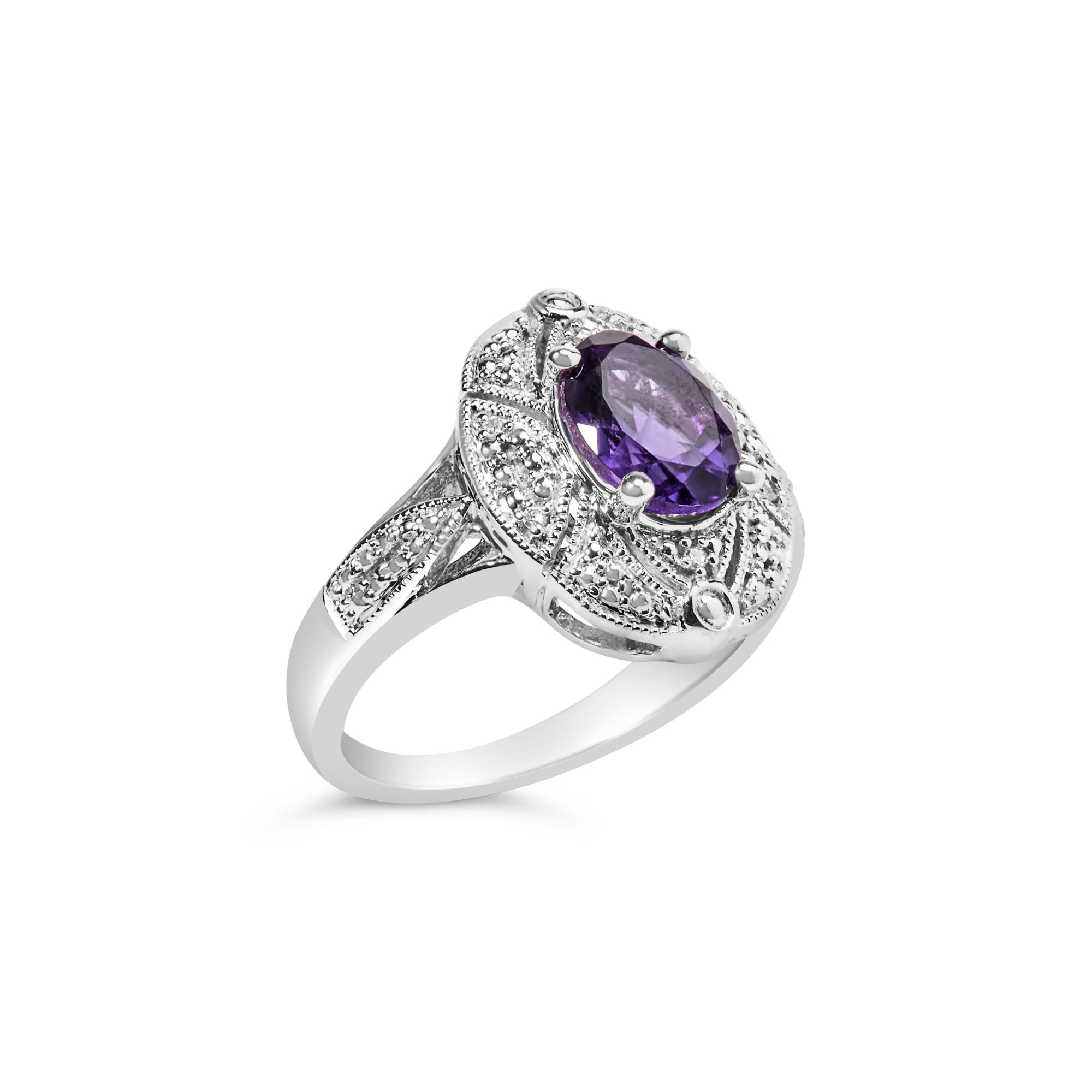 .925 Sterling Silver 9x7mm Oval Purple Amethyst and Round Diamond Accent Fashion Cocktail Ring (I-J Color, I1-I2 Clarity) - Friggin Jewelry