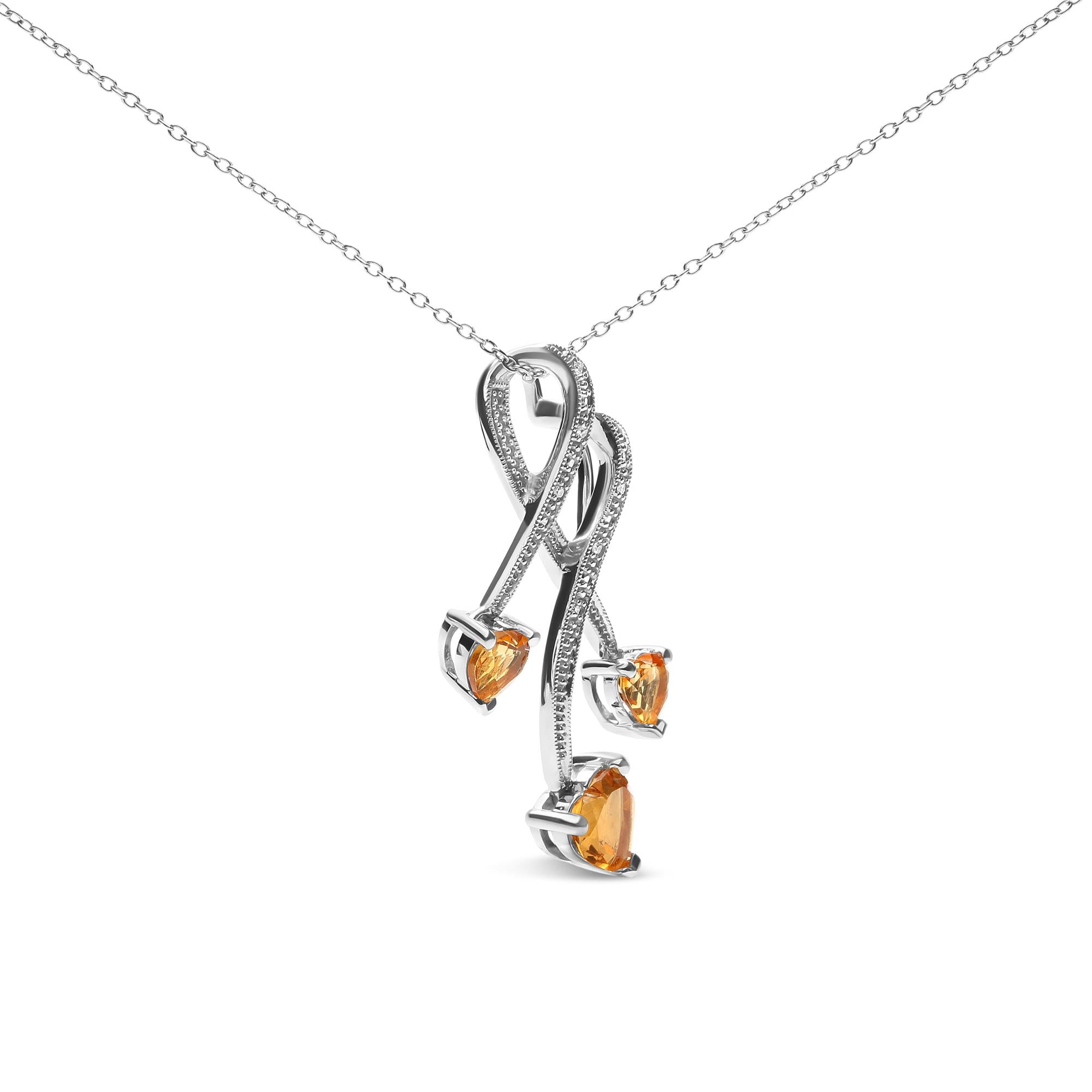 .925 Sterling Silver 3-Stone Heart Shape Citrine and Diamond Accent Spiral Drop 18" Pendant Necklace (H-I Color, SI1-SI2 Clarity) - Friggin Jewelry