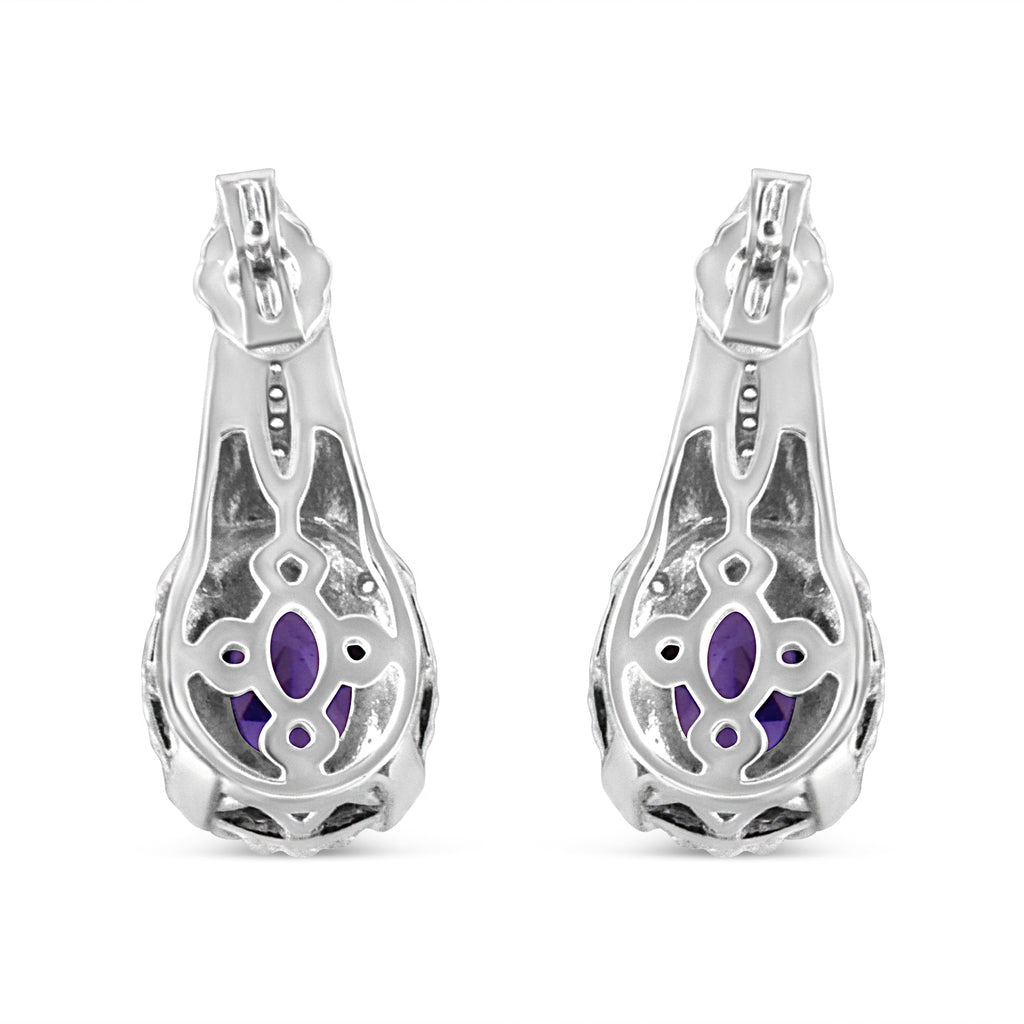 .925 Sterling Silver 8x6 MM Natural Oval Purple Amethyst Gemstone and Diamond Accent Art Deco Style Drop and Dangle Earrings (I-J Color, I1-I2 Clarity) - Friggin Jewelry
