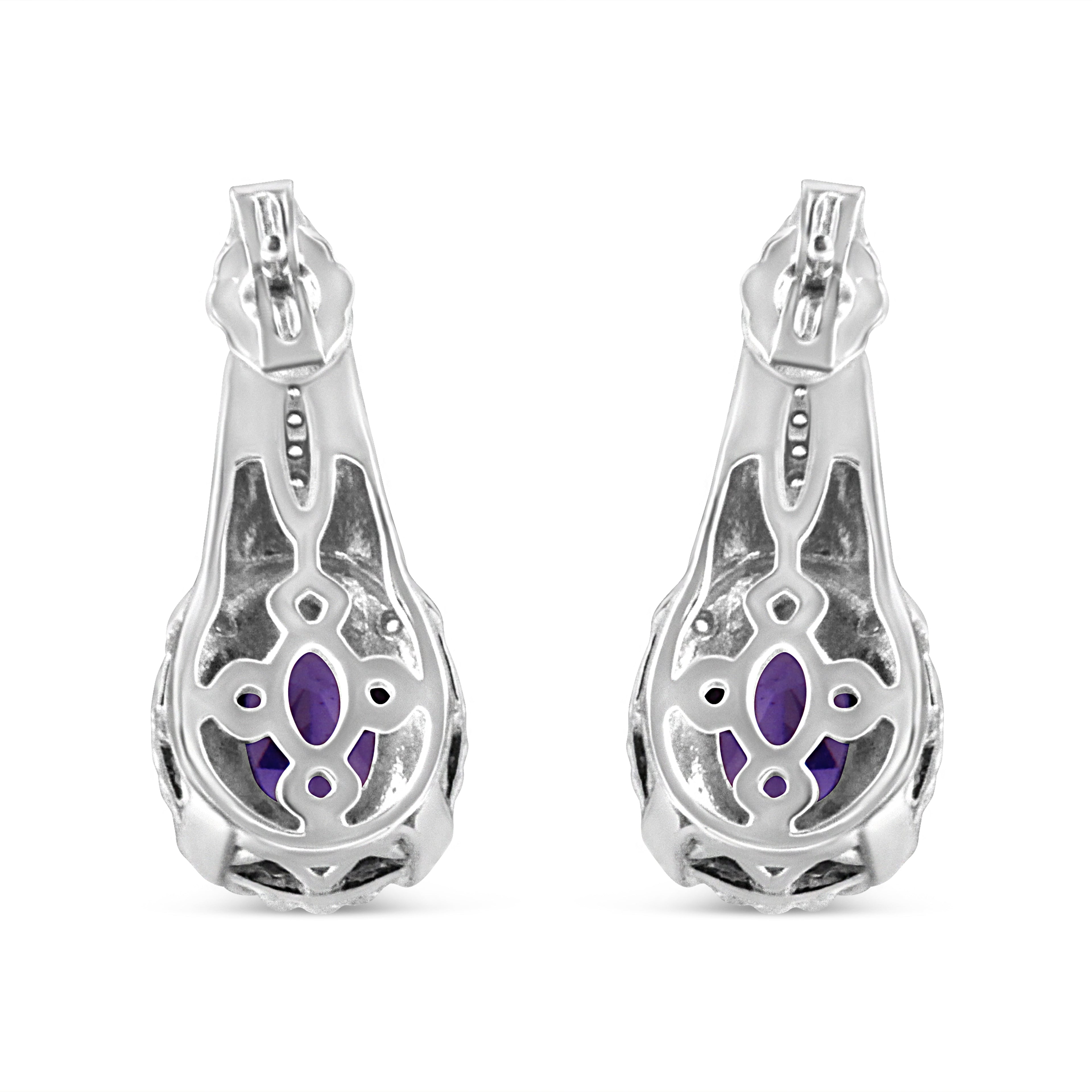 .925 Sterling Silver 8x6 MM Natural Oval Purple Amethyst Gemstone and Diamond Accent Art Deco Style Drop and Dangle Earrings (I-J Color, I1-I2 Clarity) - Friggin Jewelry