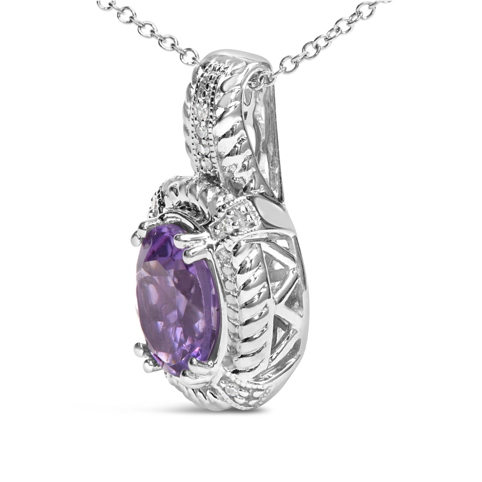 .925 Sterling Silver 9x7mm Oval Purple Amethyst and Round Diamond Accent Fashion Drop Pendant 18 Inch Necklace (I-J Color, I1-I2 Clarity) - Friggin Jewelry