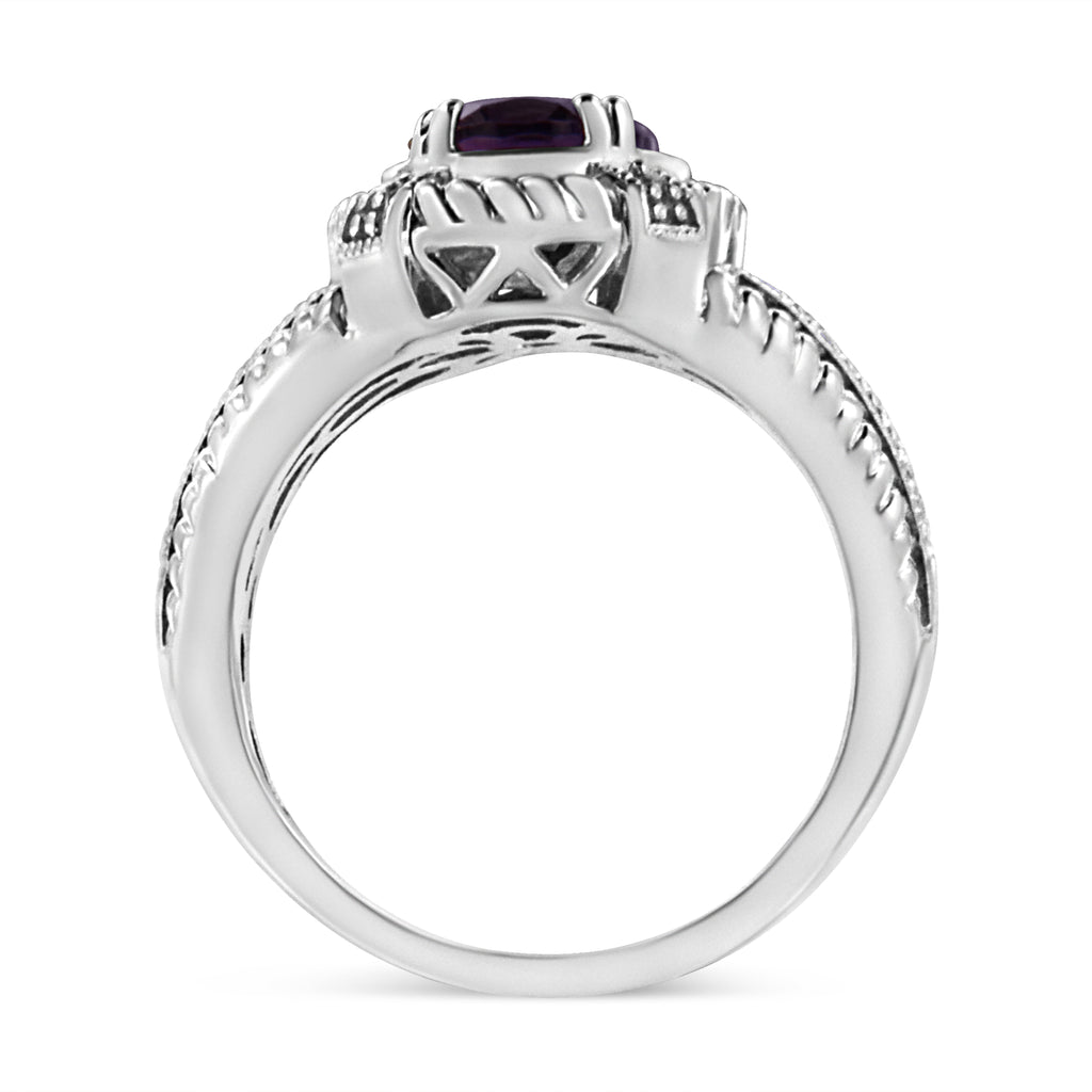 Anello solitario con ametista viola naturale ovale da 9x7 mm in argento sterling 925 con incastonatura a griffe e diamanti (colore IJ, purezza I1-I2) - Friggin Jewelry